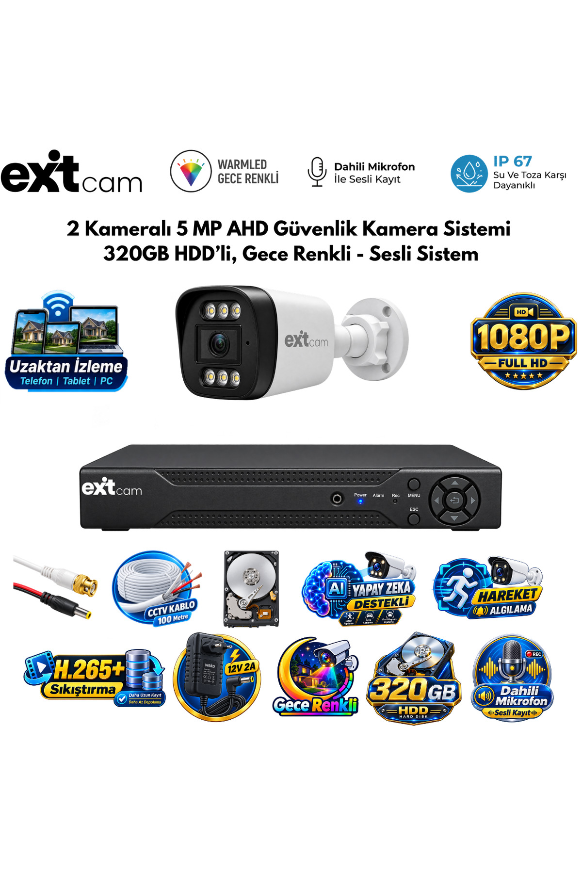 EXİTCAM 2 Kameralı Full HD Sesli AHD Güvenlik Seti – 320 GB HDD, 80 Metre Kablo, Renkli Gece Görüşü