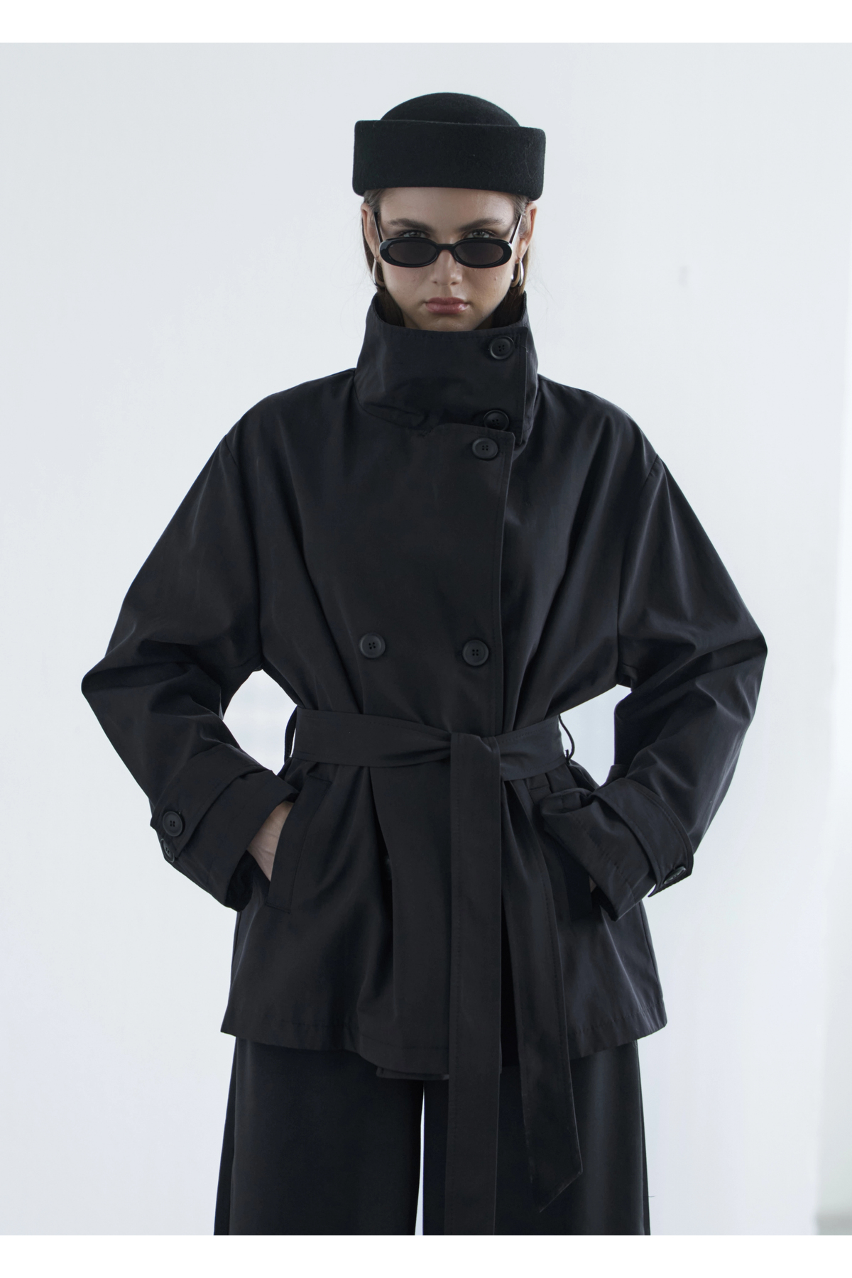 MODA AKSA 2093DİK Yaka Çift Düğmeli Trenç Siyah görsel 7