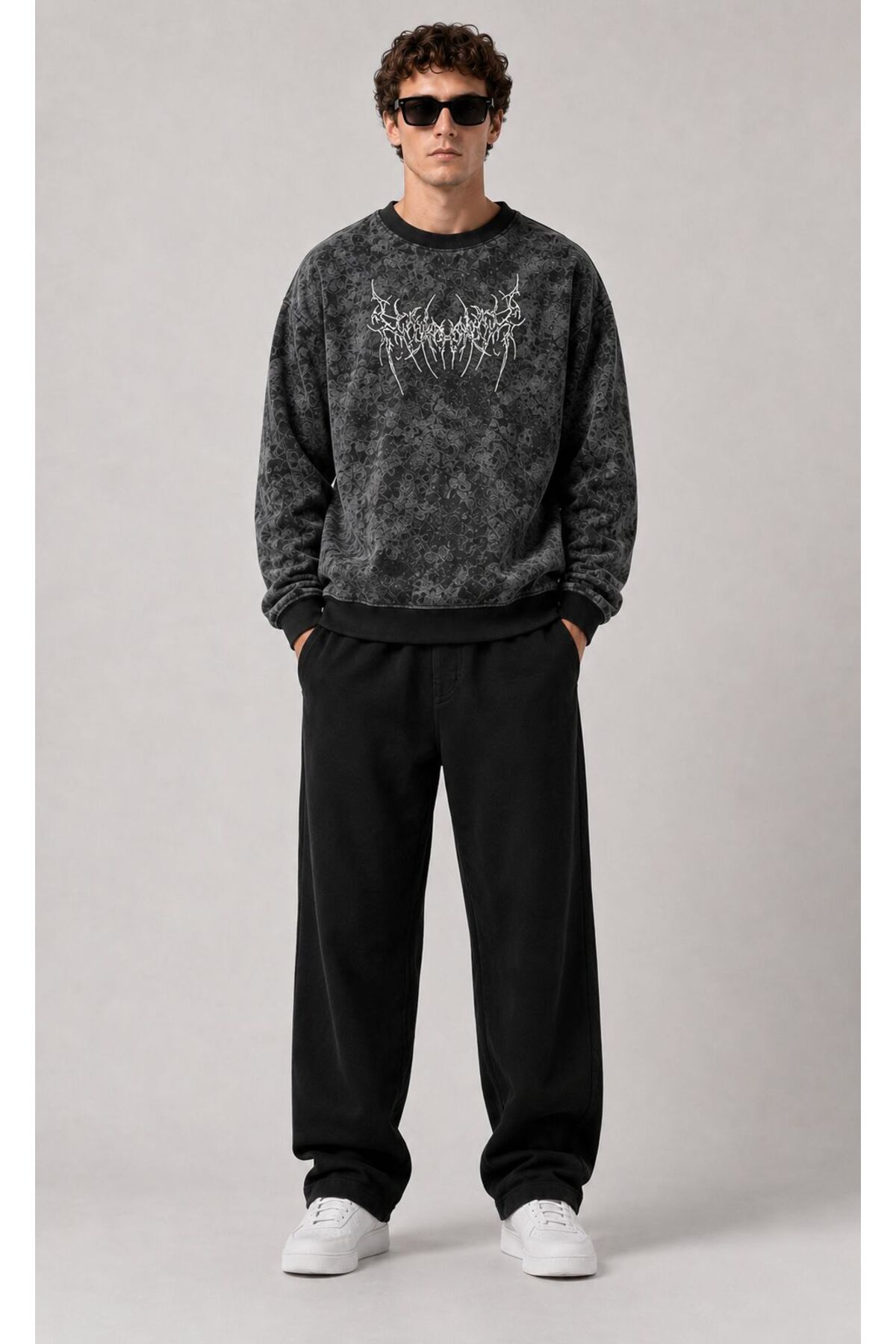 PENTHİLUS Erkek Antrasit Yıkamalı Desenli Oversize Bisiklet Yaka Baskılı Sweatshirt