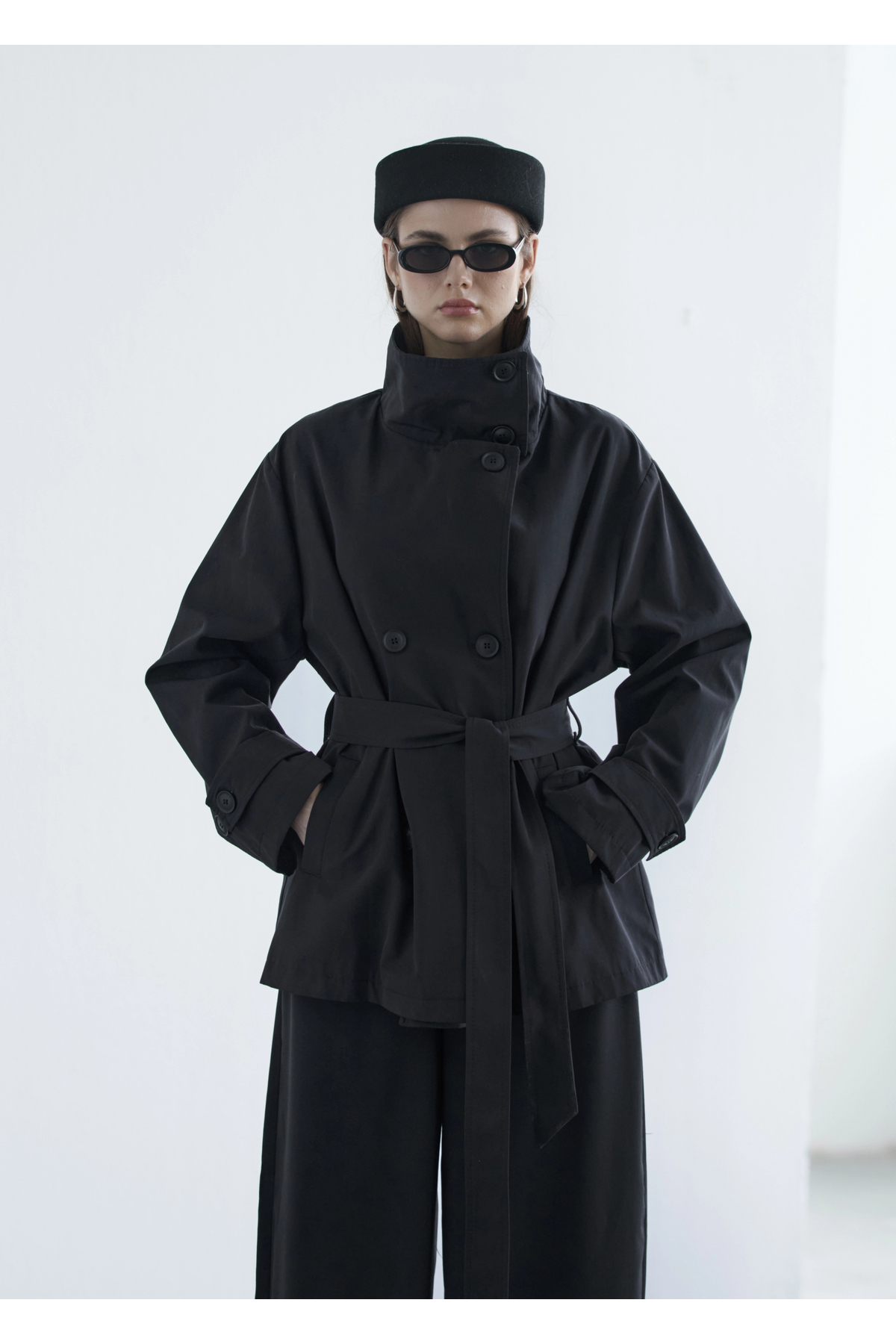 MODA AKSA 2093DİK Yaka Çift Düğmeli Trenç Siyah