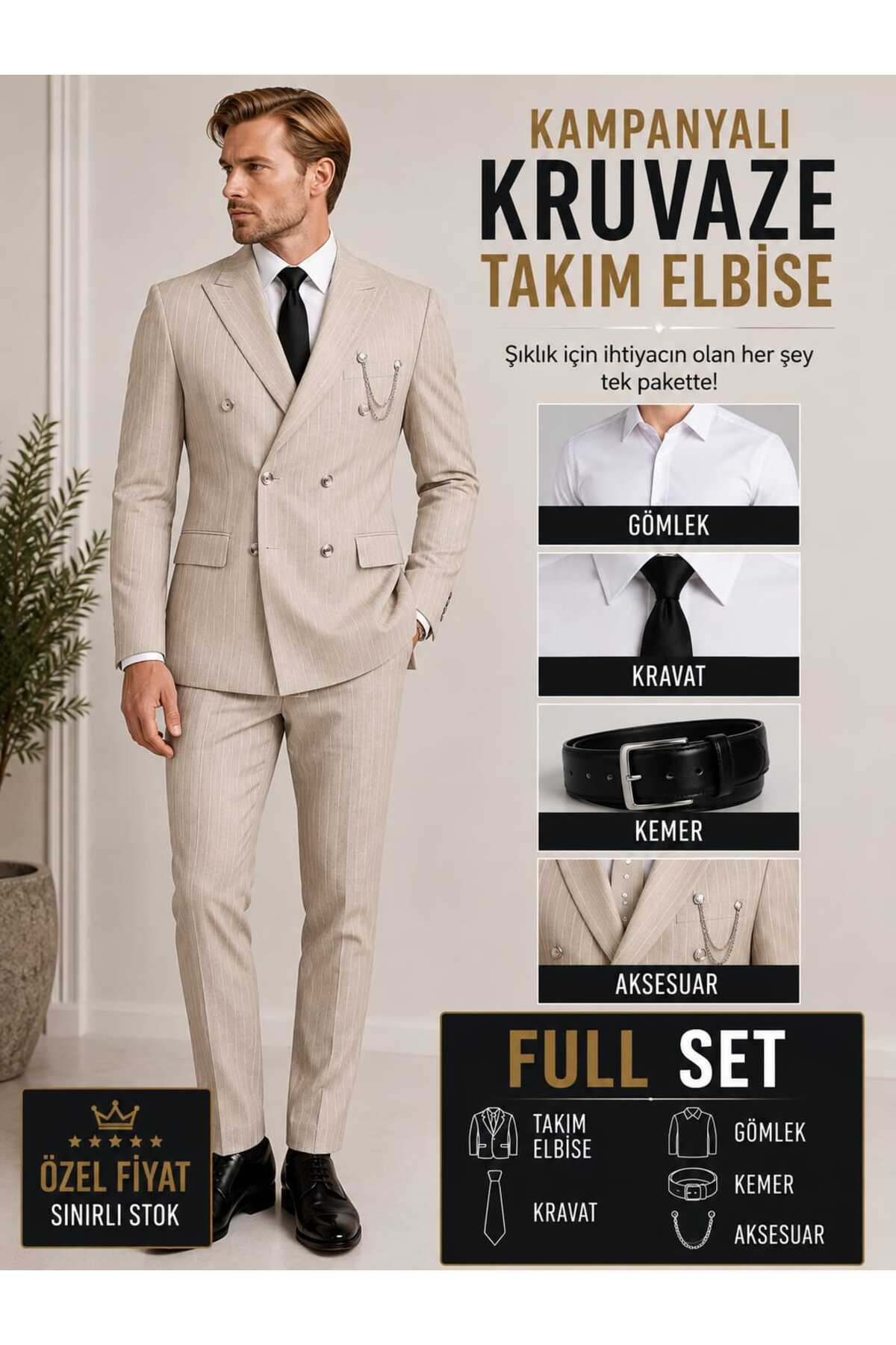 KRUVAZE FULL SET TAKIM ELBİSE DAR KESİM — کرم KRV01