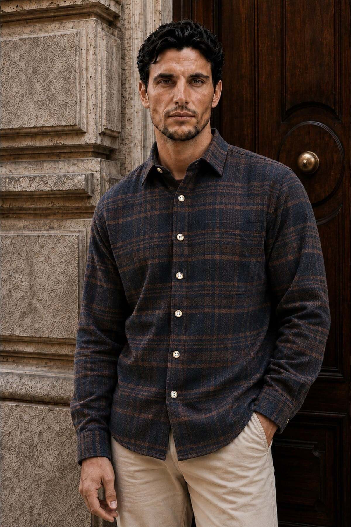 پیراهن مردانه برندون مدل Lumberjack طرح راه راه پهن نخی و راحت - قهوه  پیراهن Valiberta