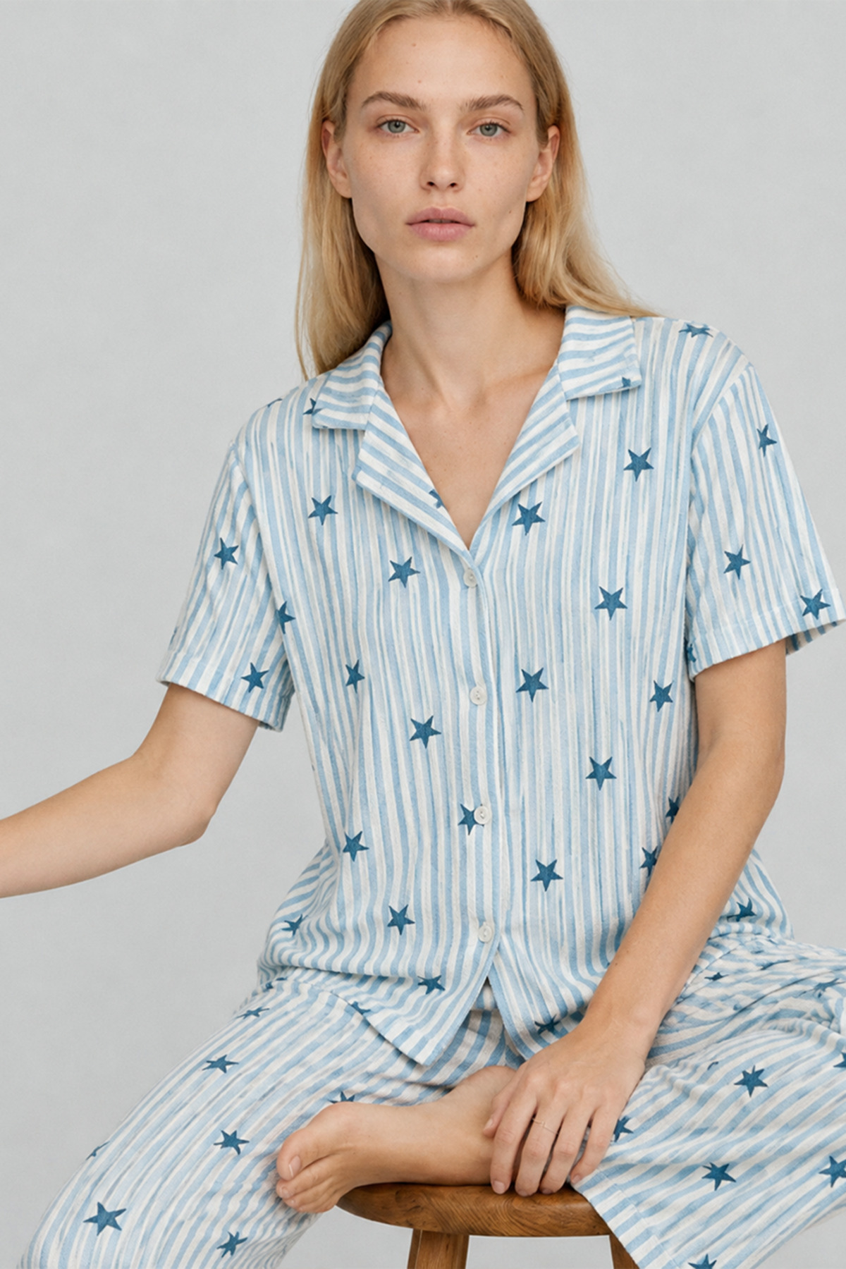 FİT WOMEN Kadın Kısa Kollu Rahat Mavi Pijama Takımı 4728 görsel 2