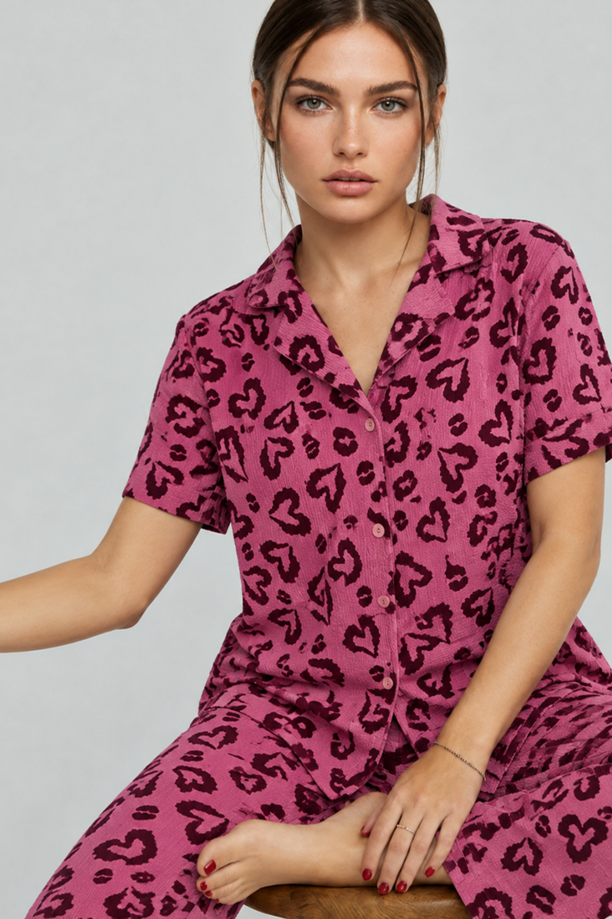 FİT WOMEN Kadın Kısa Kollu Rahat Mor Pijama Takımı 4734 görsel 3