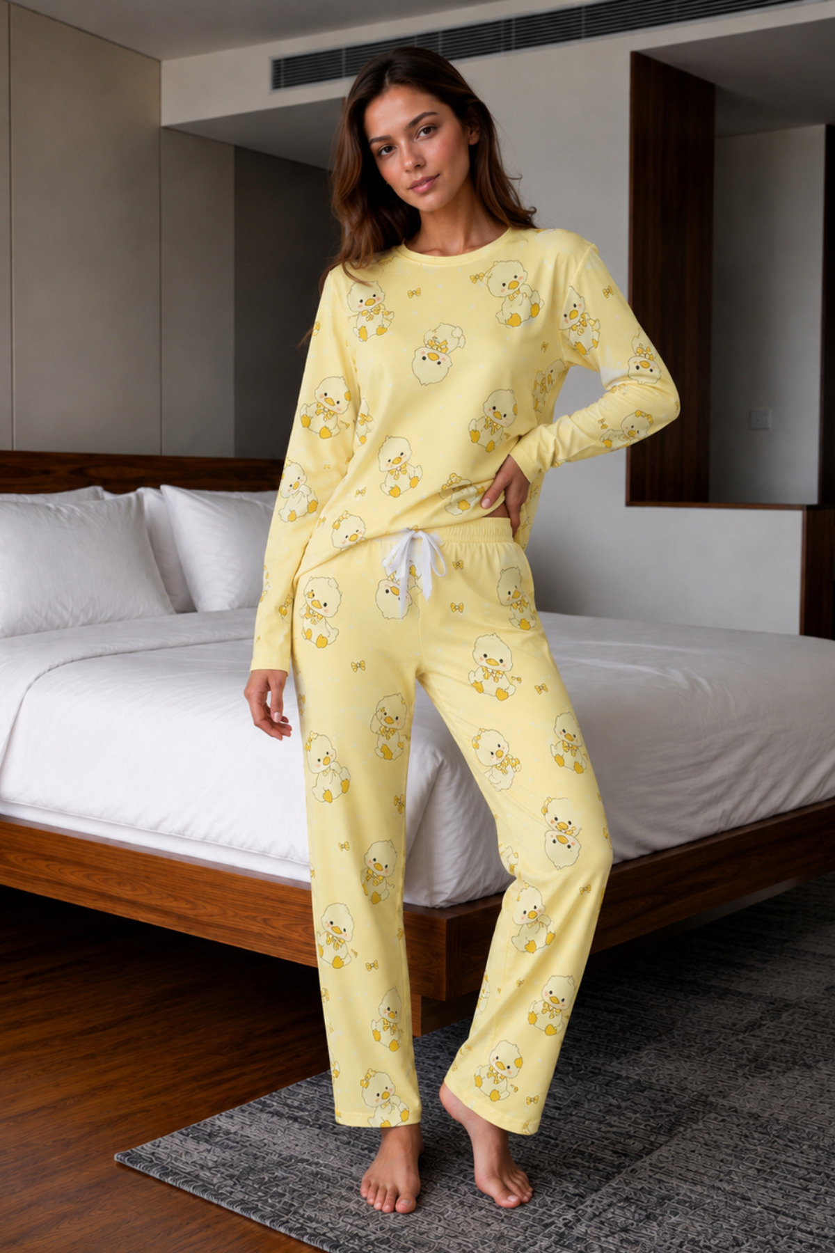 Fanwet Sarı Civciv Desenli Milan Kumaş Uzun Kollu Pijama Takımı görsel 3