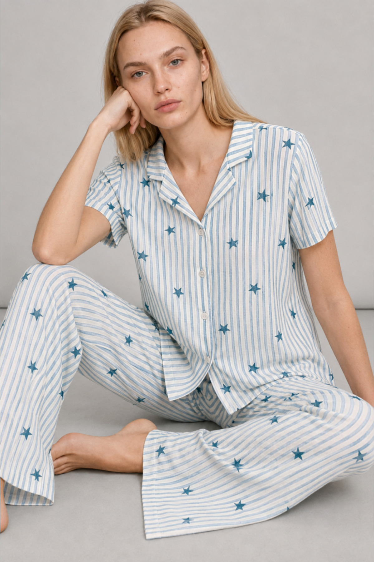 FİT WOMEN Kadın Kısa Kollu Rahat Mavi Pijama Takımı 4728