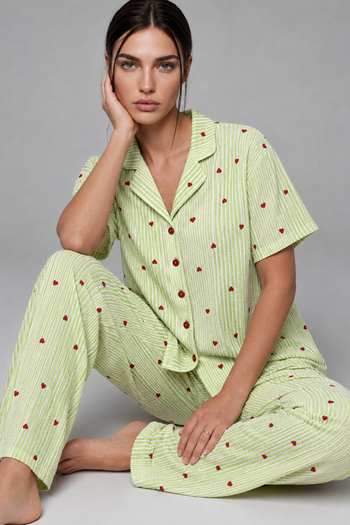 FİT WOMEN Kadın Kısa Kollu Rahat Yeşil Pijama Takımı 4732 görsel 4