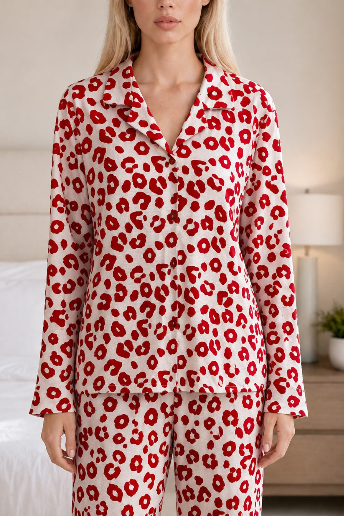 FİT WOMEN Kadın Desenli Esnek Bol Kırmızı Pijama Takımı 4735 görsel 5