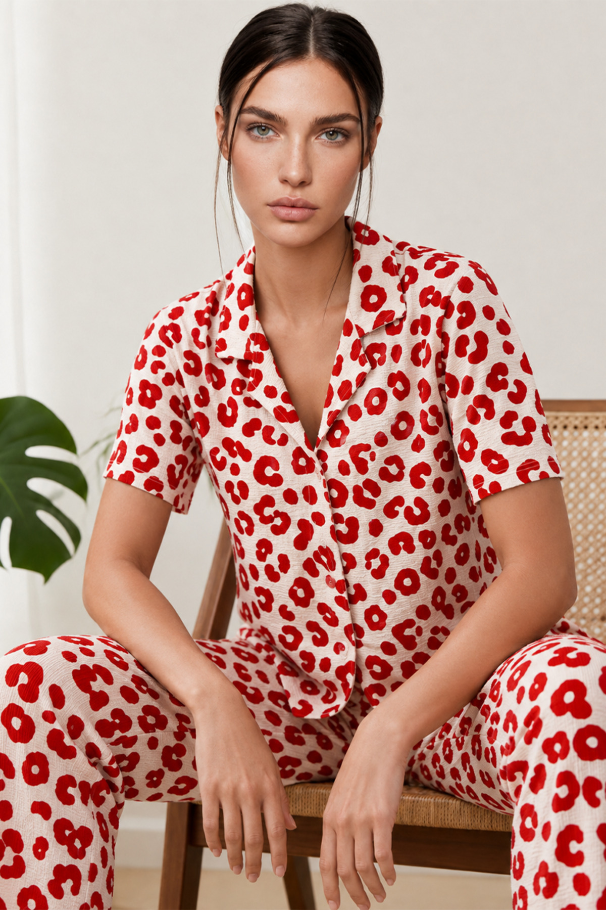 FİT WOMEN Kadın Kısa Kol Comfort Kırmızı Pijama Takımı 4725