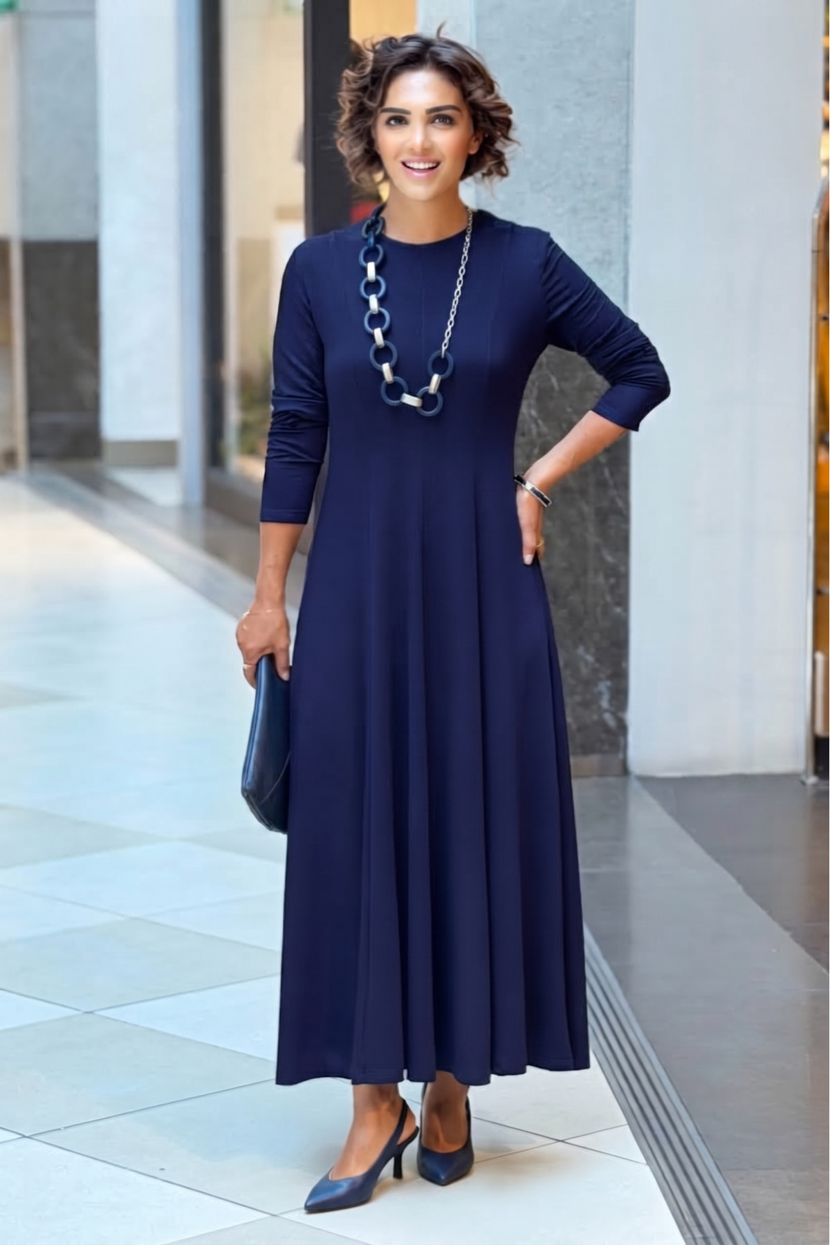 Nevin Kaya Moda Lacivert Piliseli Modal Kumaş Elbise görsel 2