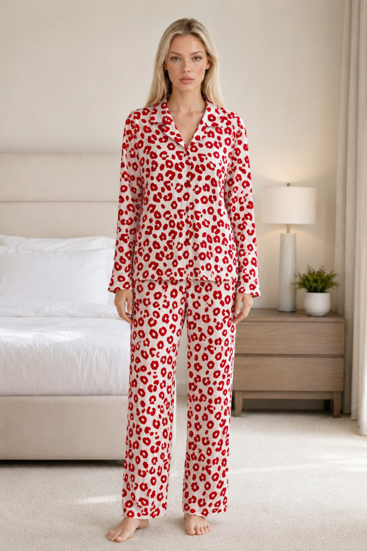 FİT WOMEN Kadın Desenli Esnek Bol Kırmızı Pijama Takımı 4735
