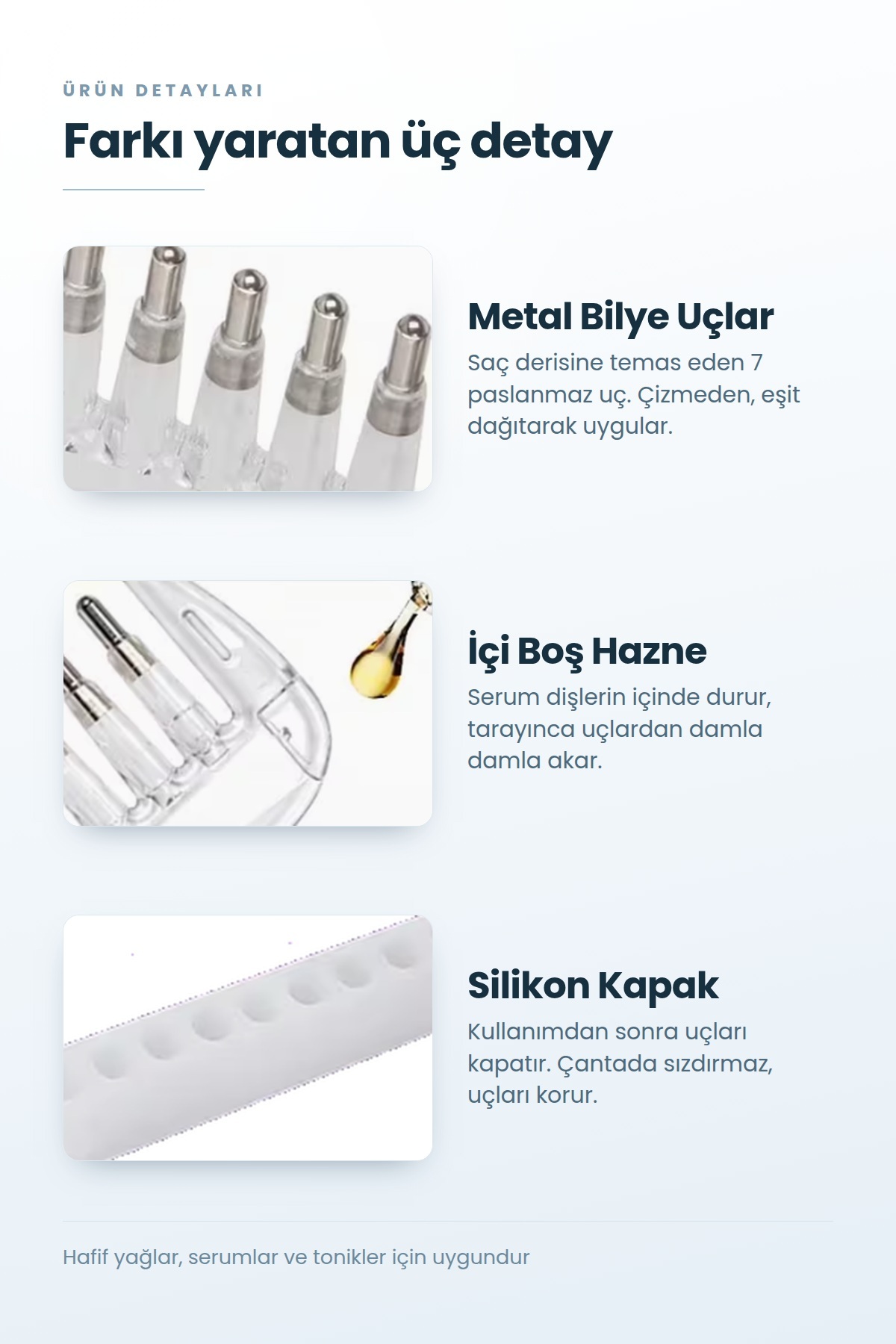 Saç Serumu ve Saç Yağı Uygulama Tarağı Hazneli Damlalıklı 7 Metal Uçlu Saç Derisi Masaj Aparatı — بی‌رنگ PLP-SAT-01 — تصویر 4 از 5