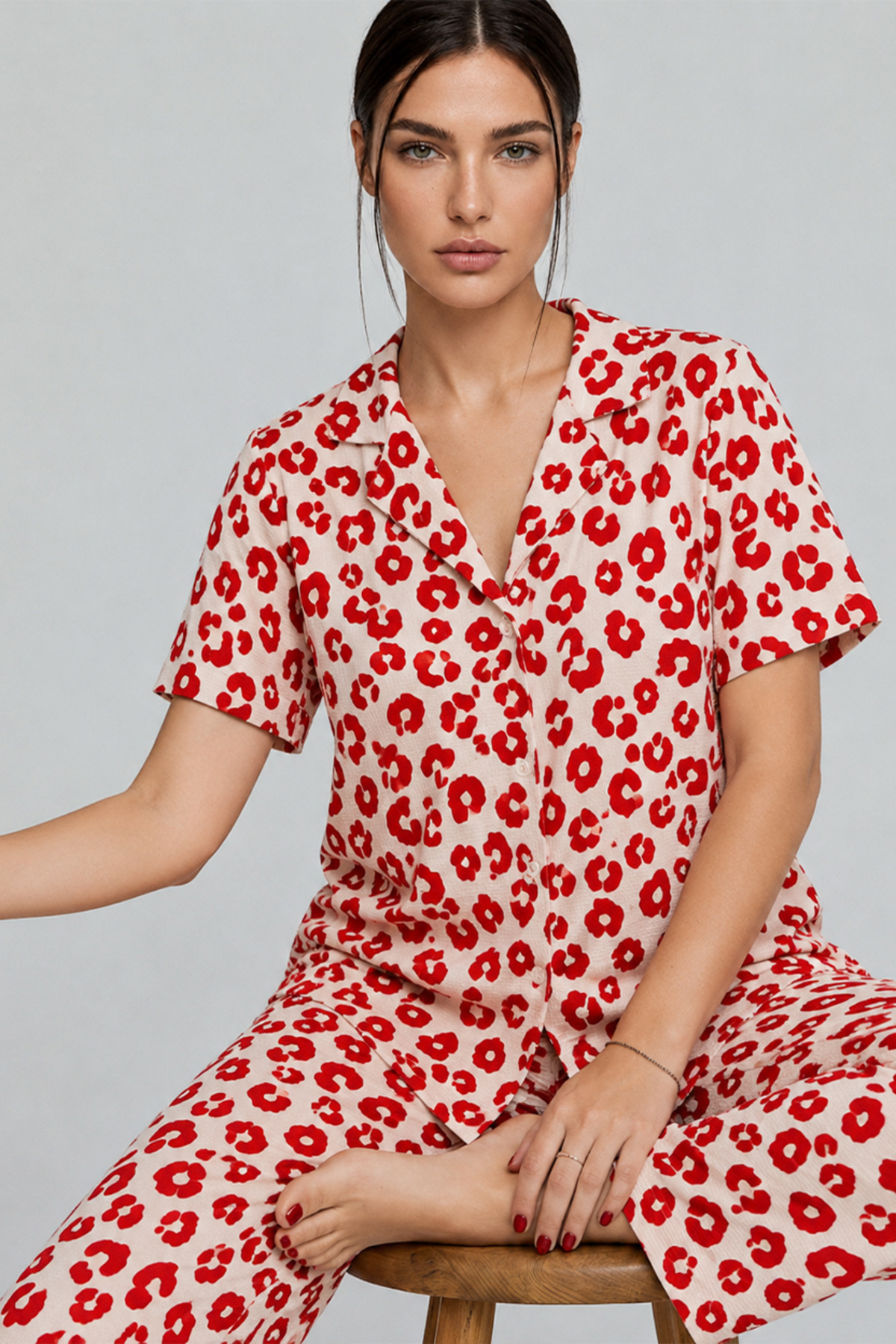 FİT WOMEN Kadın Kısa Kol Comfort Kırmızı Pijama Takımı 4725 görsel 5