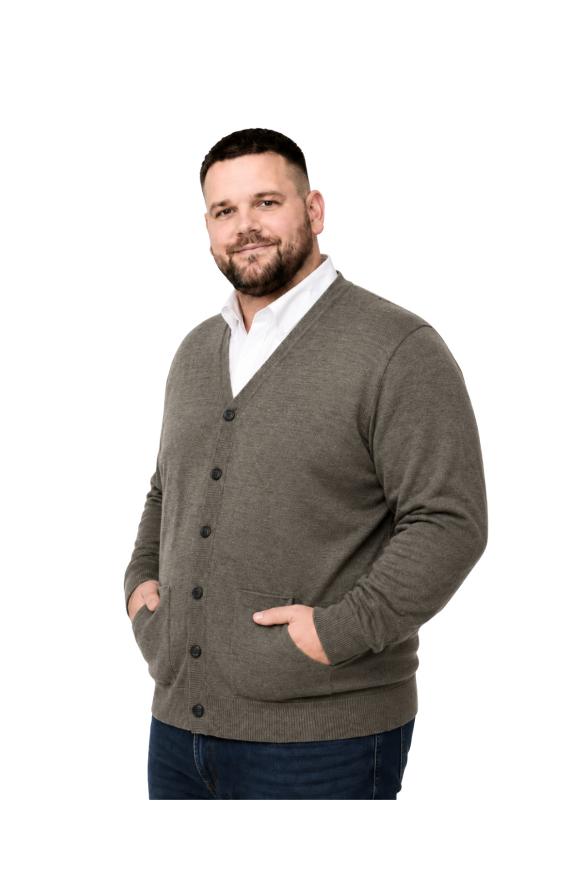 BattalModa Erkek Büyük Beden Koyu Vizon Cepli Düğmeli Triko Hırka 3XL-4XL-5XL-6XL görsel 2