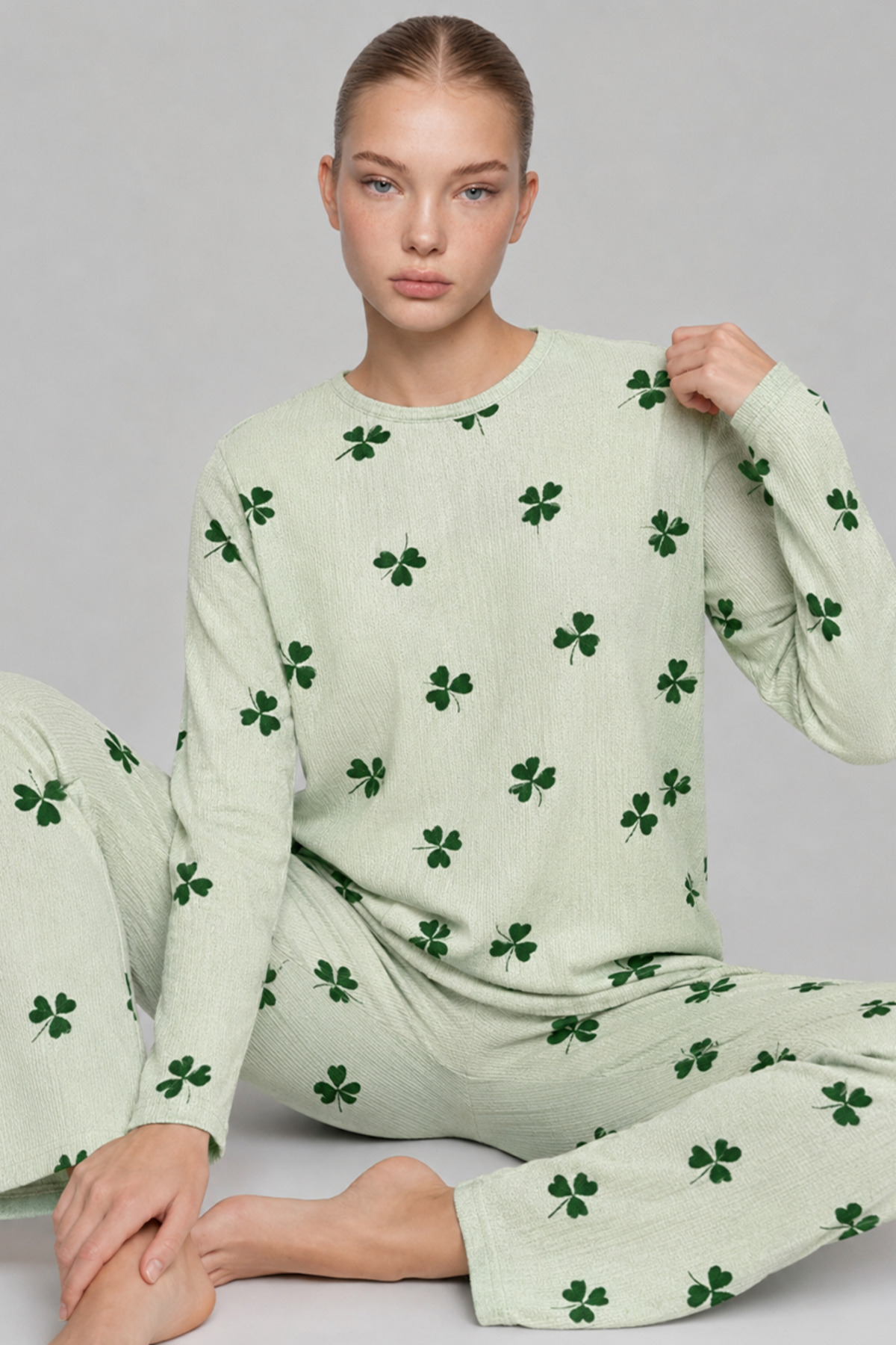 FİT WOMEN Kadın Bol Paça Relaxed Yeşil Pijama Takımı 4700 görsel 3
