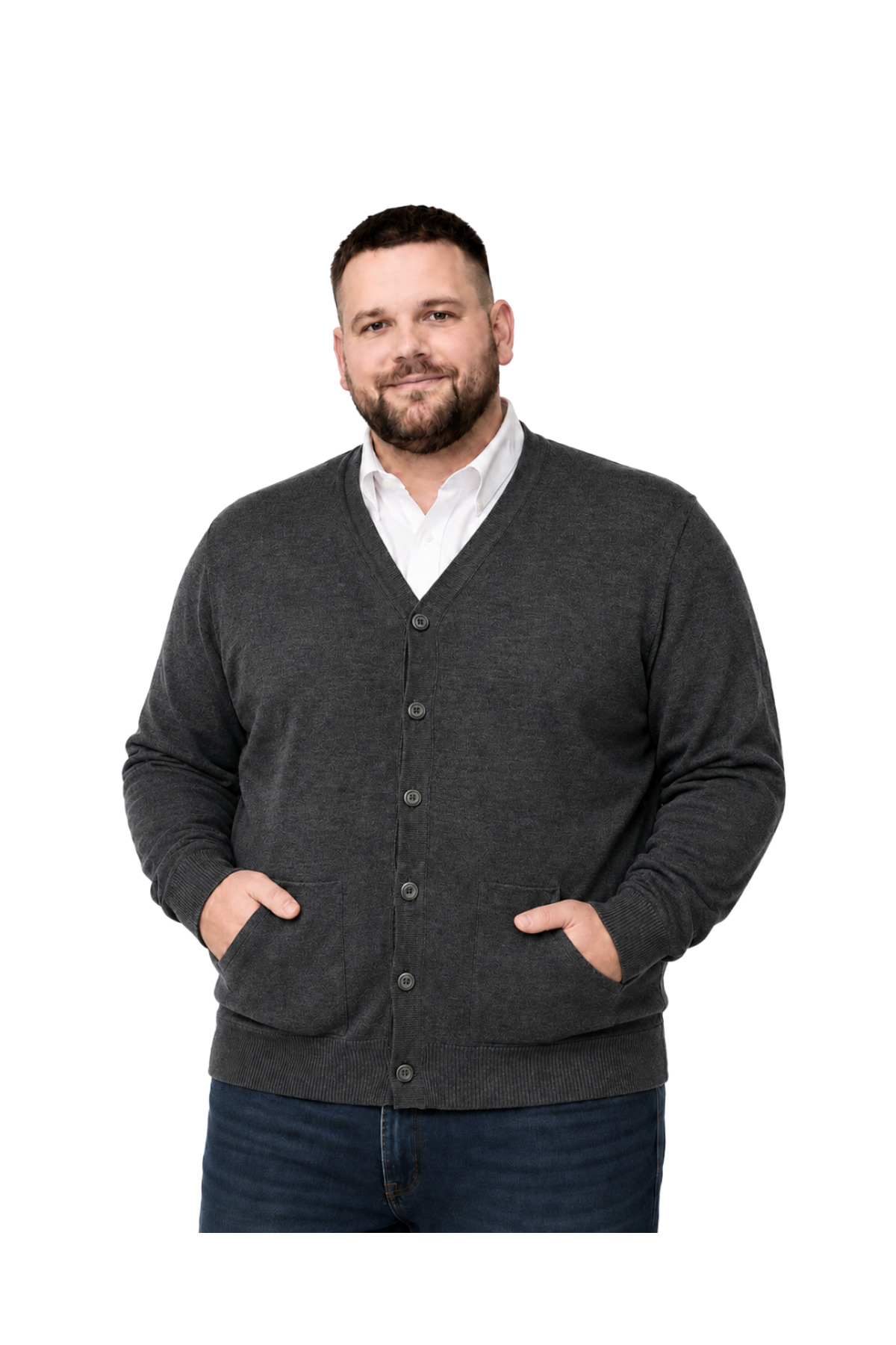 BattalModa Erkek Büyük Beden Antrasit Cepli Düğmeli Triko Hırka 3XL-4XL-5XL-6XL