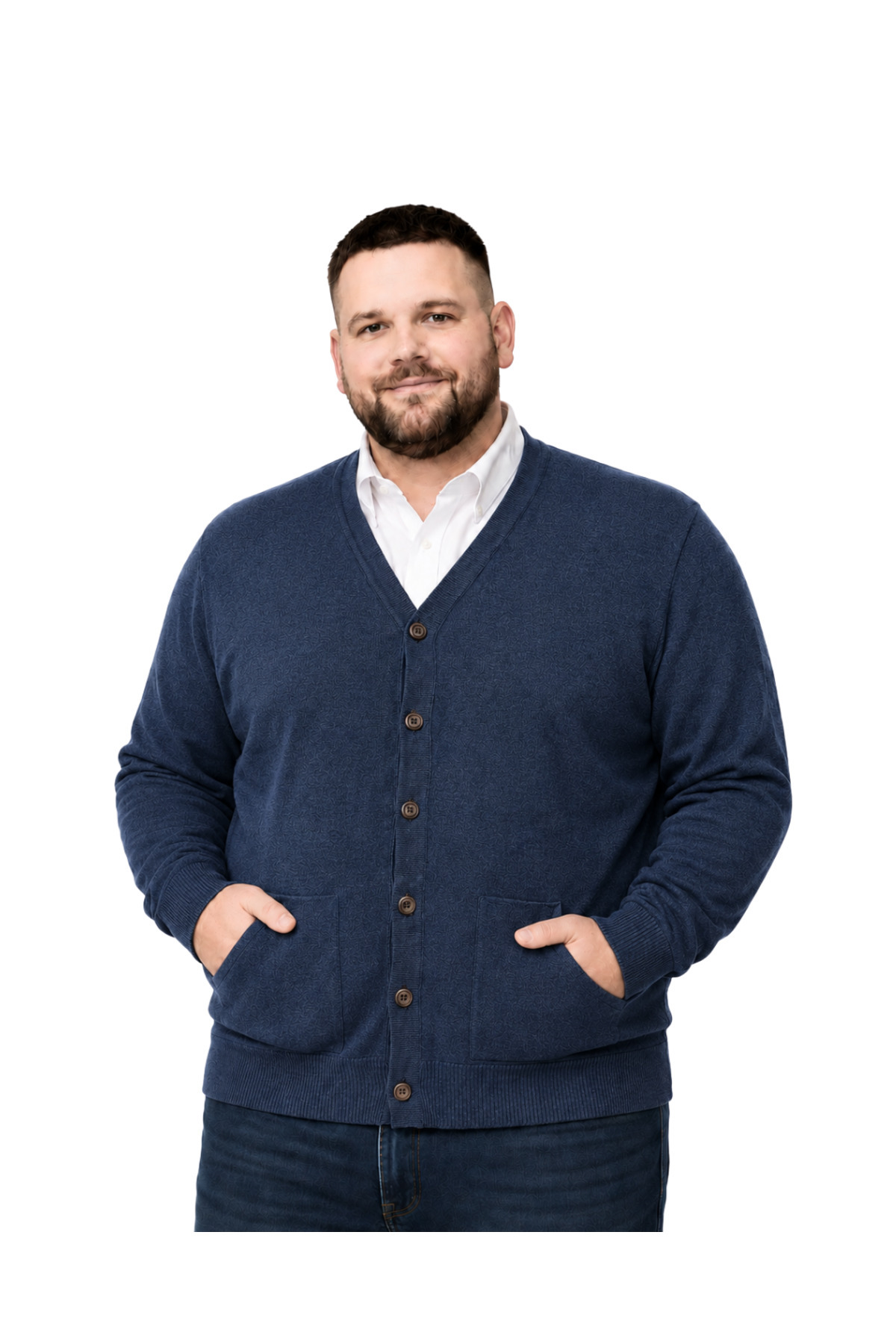 BattalModa Erkek Büyük Beden Melanj Lacivert Cepli Düğmeli Triko Hırka 3XL-4XL-5XL-6XL