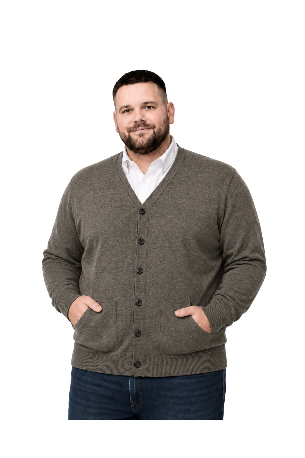 BattalModa Erkek Büyük Beden Koyu Vizon Cepli Düğmeli Triko Hırka 3XL-4XL-5XL-6XL