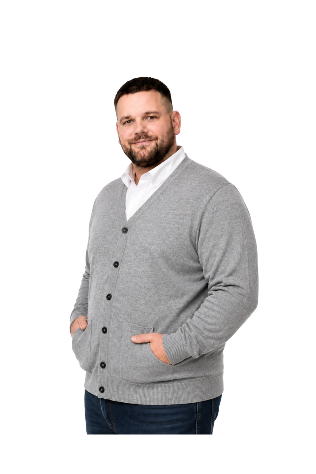 BattalModa Erkek Büyük Beden Gri Cepli Düğmeli Triko Hırka 3XL-4XL-5XL-6XL görsel 2