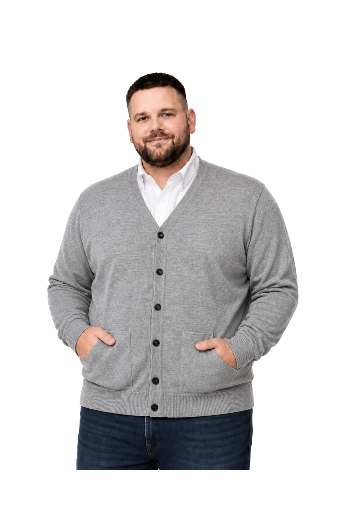 BattalModa Erkek Büyük Beden Gri Cepli Düğmeli Triko Hırka 3XL-4XL-5XL-6XL