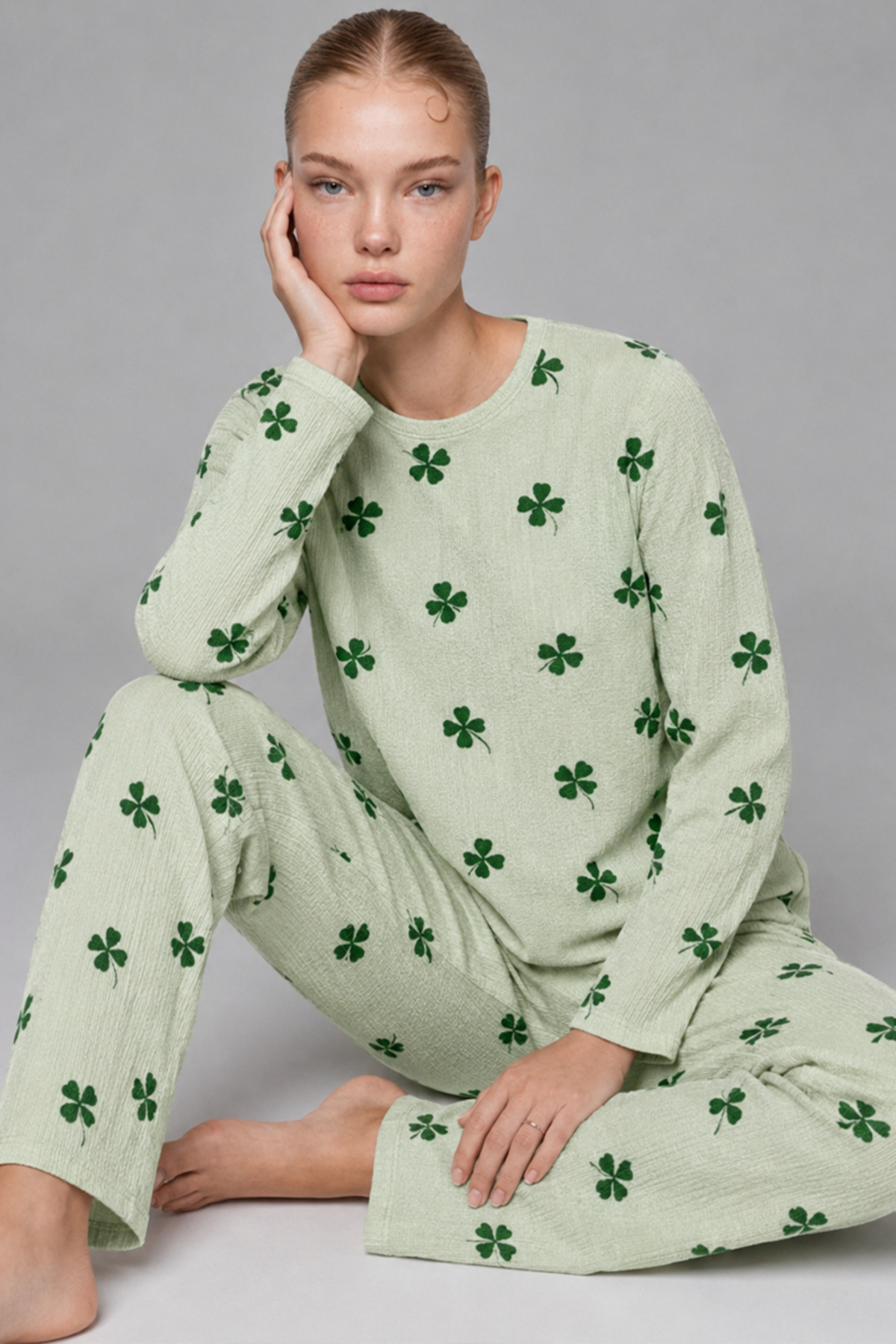FİT WOMEN Kadın Bol Paça Relaxed Yeşil Pijama Takımı 4700 görsel 2