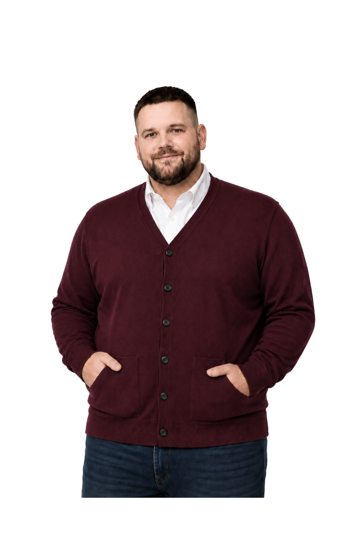 BattalModa Erkek Büyük Beden Bordo Cepli Düğmeli Triko Hırka 3XL-4XL-5XL-6XL