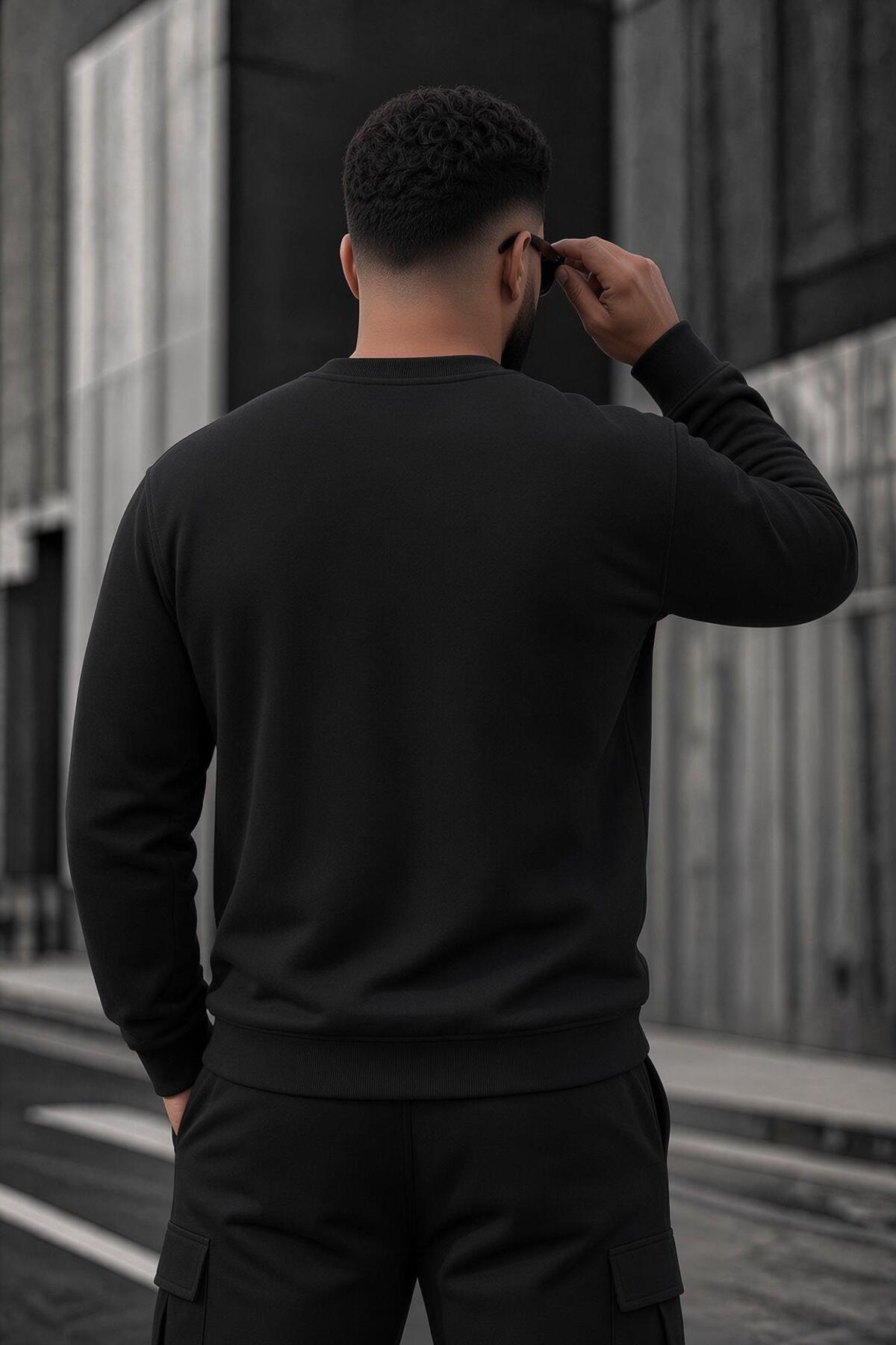 Oksit John Erkek İki İpli Şardonlu Düz Renk Günlük Battal Büyük Beden Bisiklet Yaka Sweatshirt görsel 4
