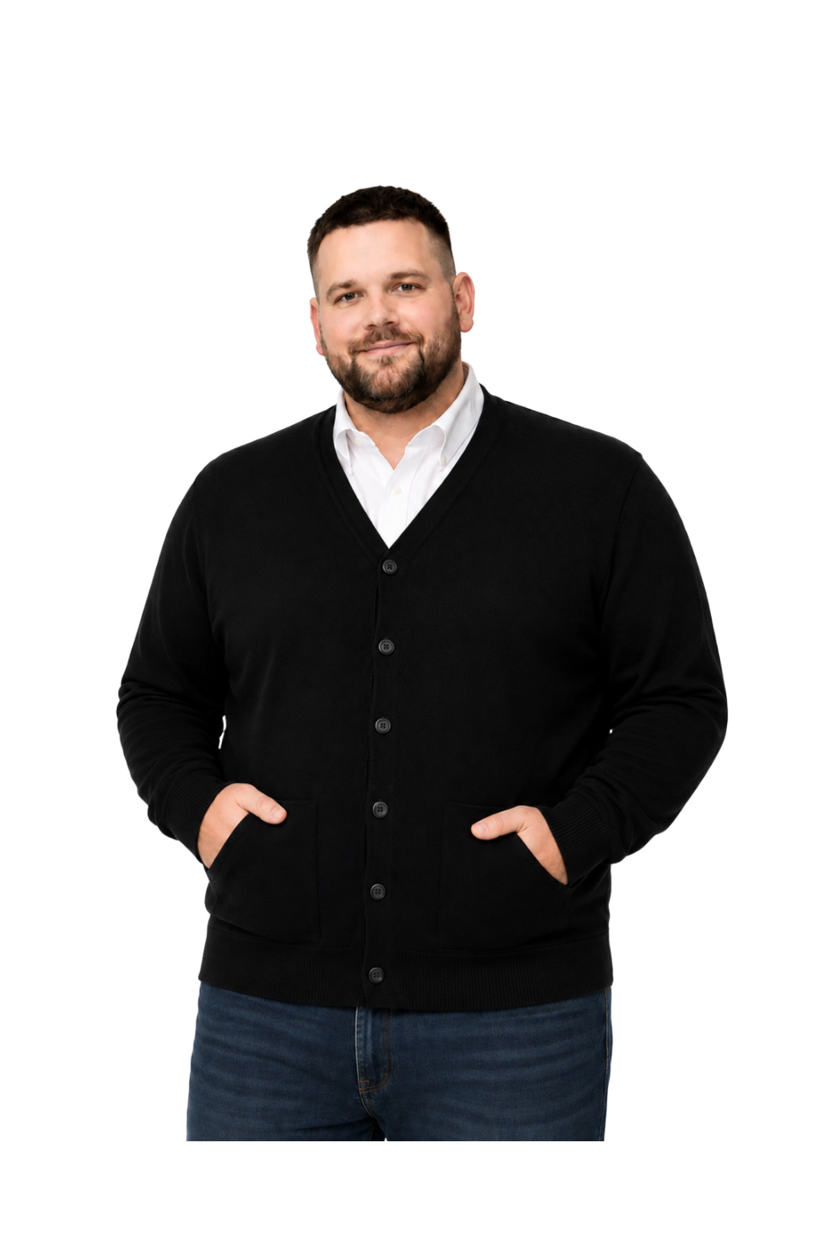 BattalModa Erkek Büyük Beden Siyah Cepli Düğmeli Triko Hırka 3XL-4XL-5XL-6XL