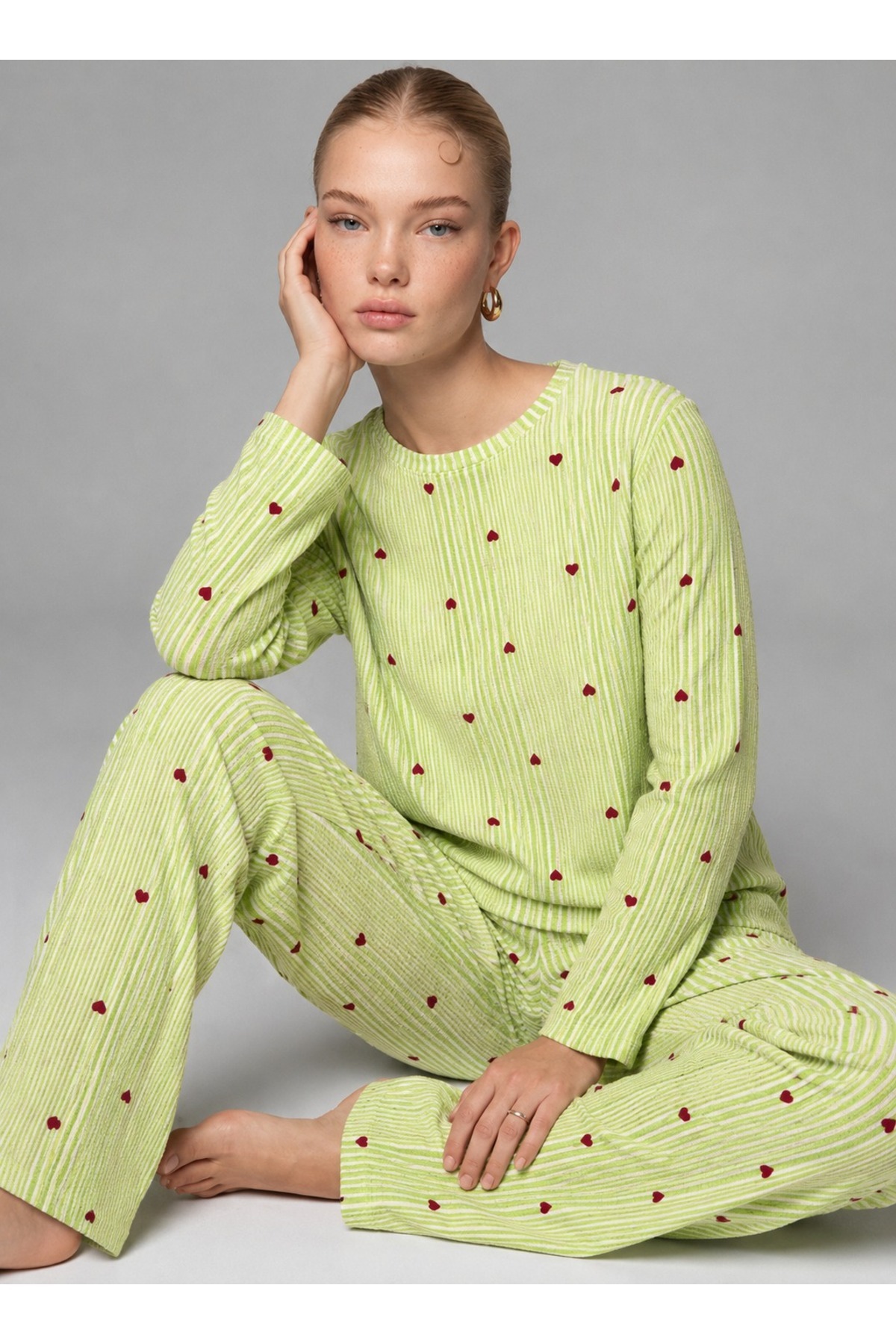 FİT WOMEN Kadın Çizgili Kalp Desenli Uzun Yeşil Pijama Takımı