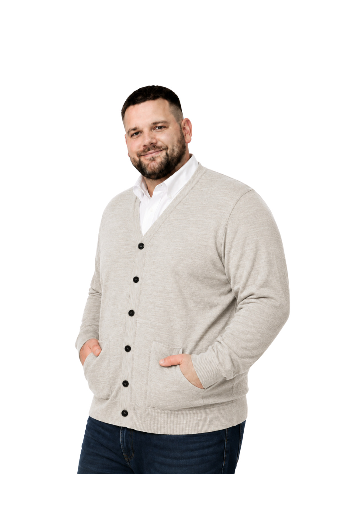 BattalModa Erkek Büyük Beden Bej Cepli Düğmeli Triko Hırka 3XL-4XL-5XL-6XL görsel 2