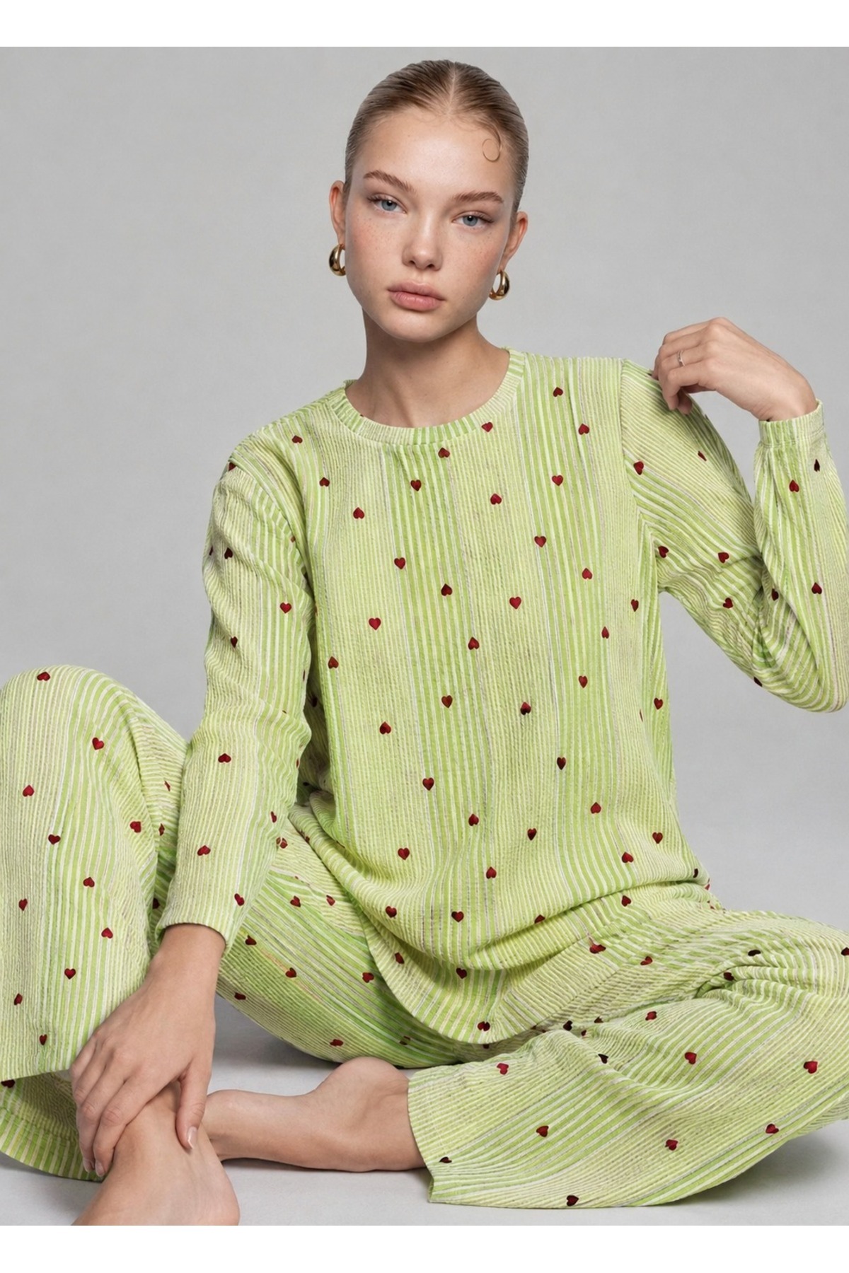 FİT WOMEN Kadın Çizgili Kalp Desenli Uzun Yeşil Pijama Takımı görsel 4