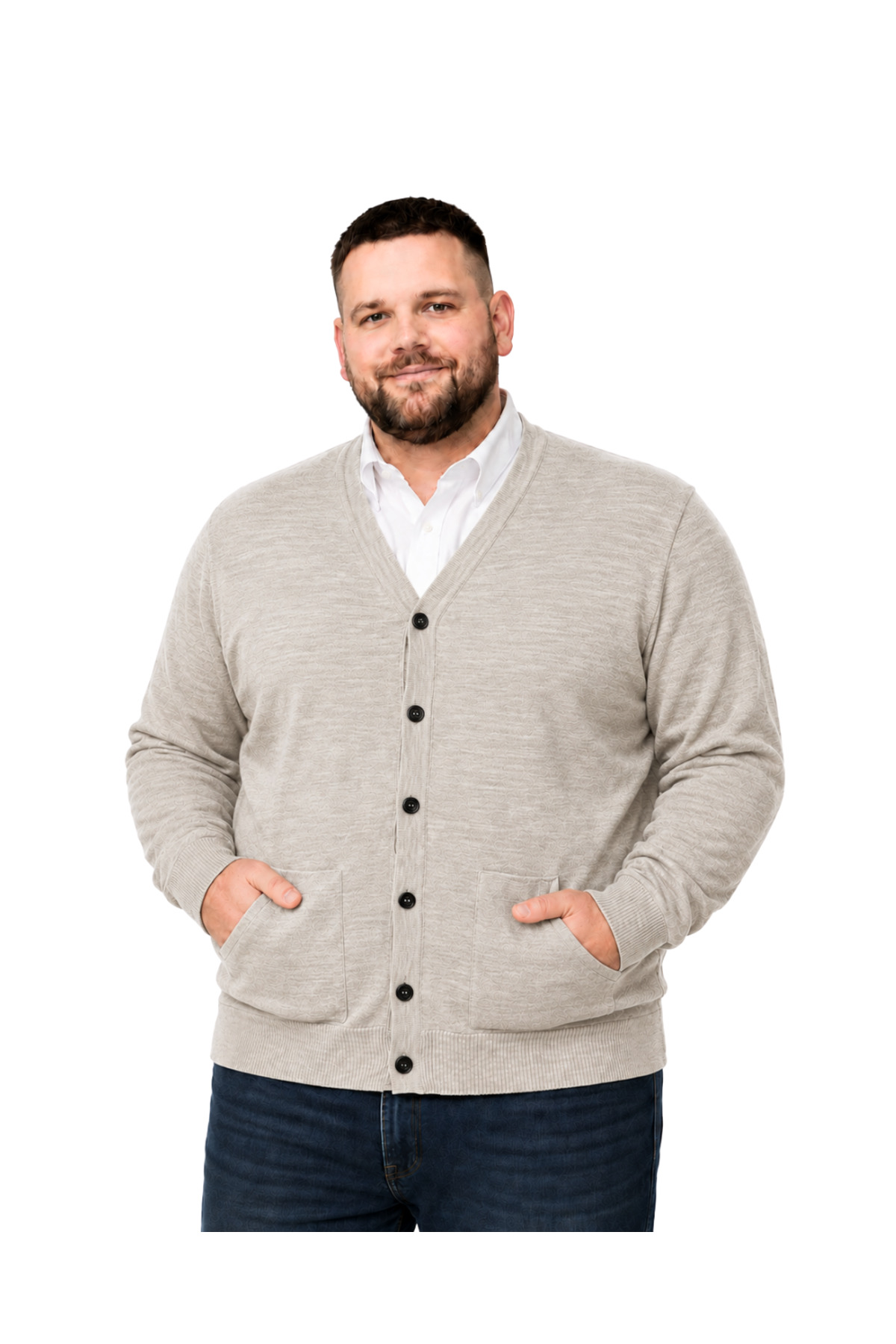 BattalModa Erkek Büyük Beden Bej Cepli Düğmeli Triko Hırka 3XL-4XL-5XL-6XL
