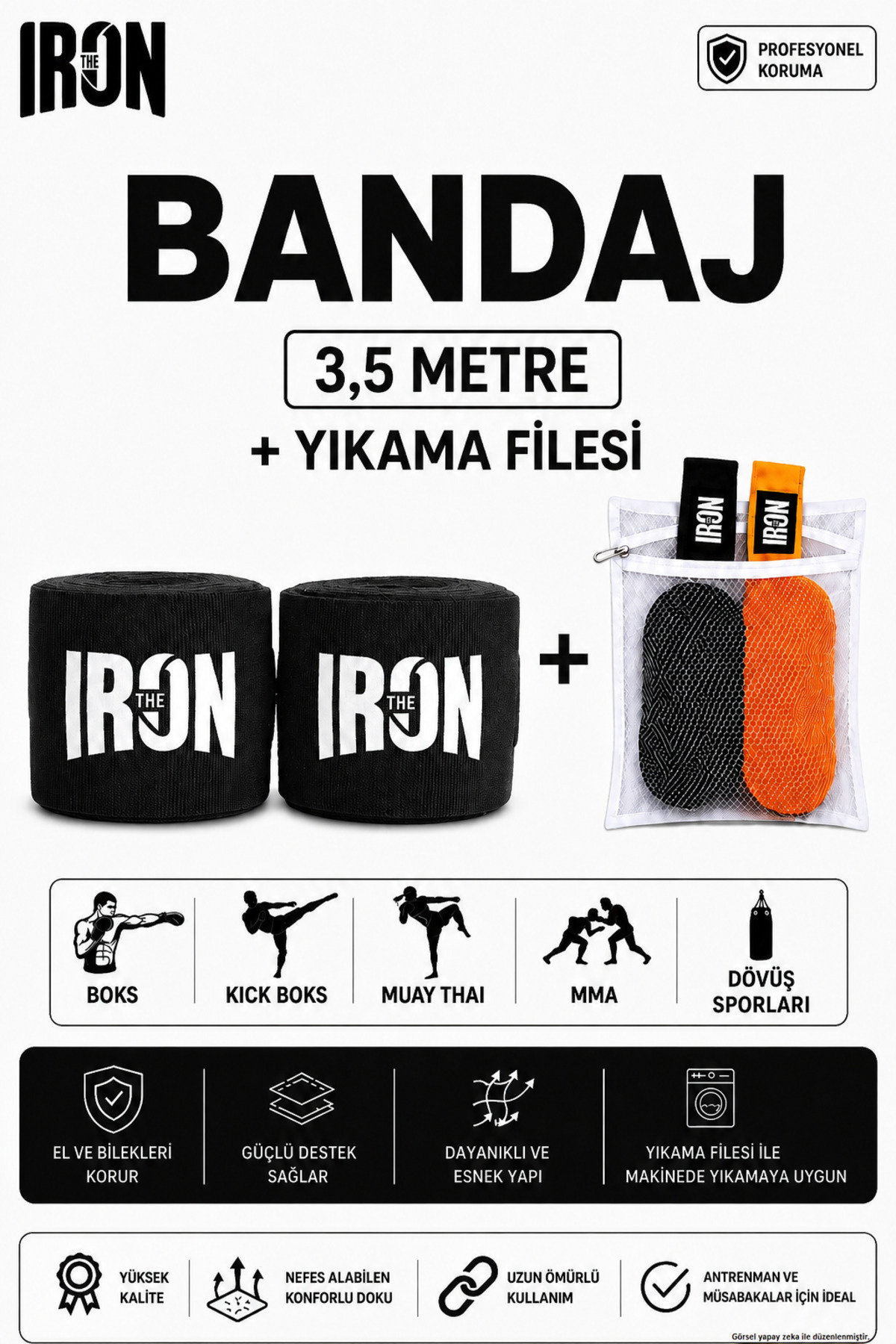 Theiron Boks, Kick Boks, Muay Thai, MMA ve Dövüş Sporları Bandajı + Yıkama Filesi