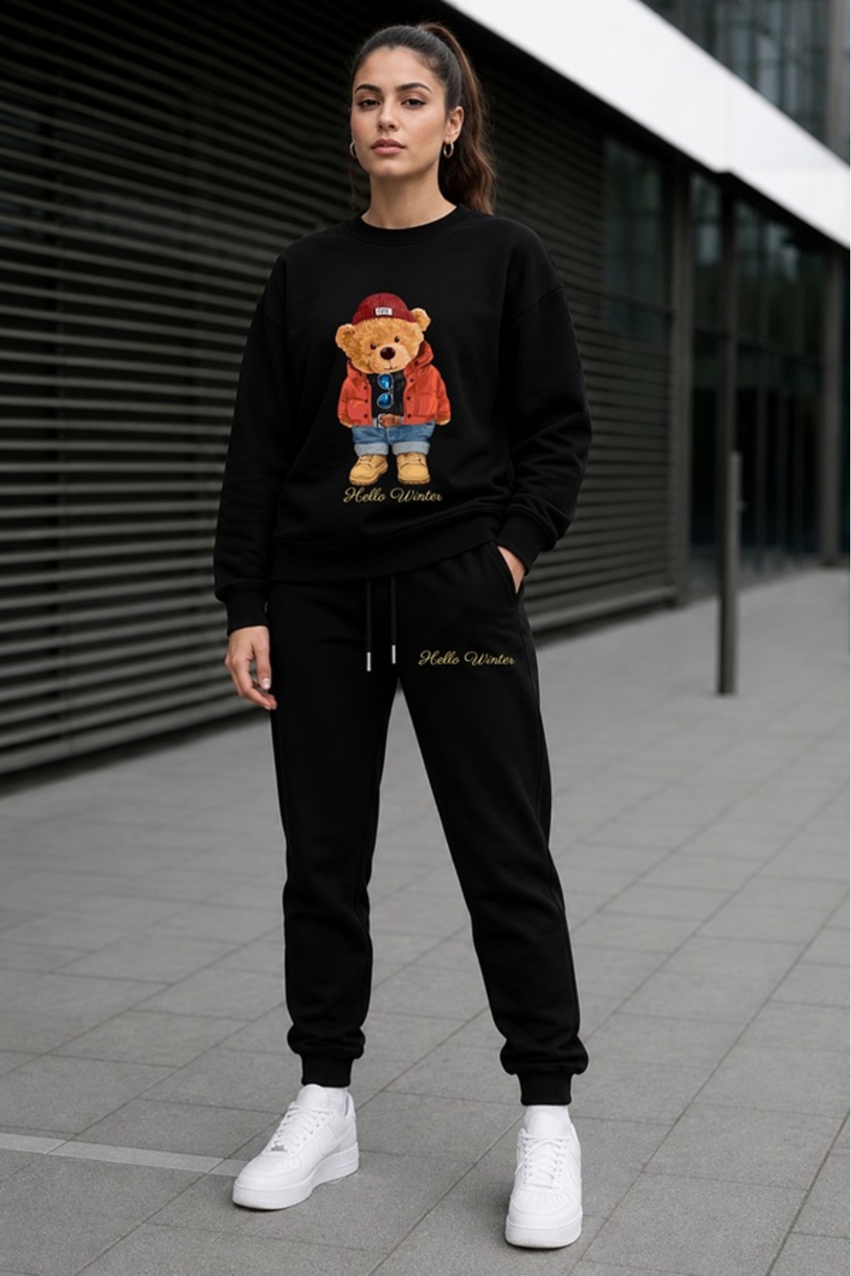 Unisex Ayıcık Baskılı Eşofman Takımı Oversize Hello Winter Alt Üst İkili Set Sweatshirt — مشکی TYCD15C1BD513DEC518955200 — تصویر 2 از 5