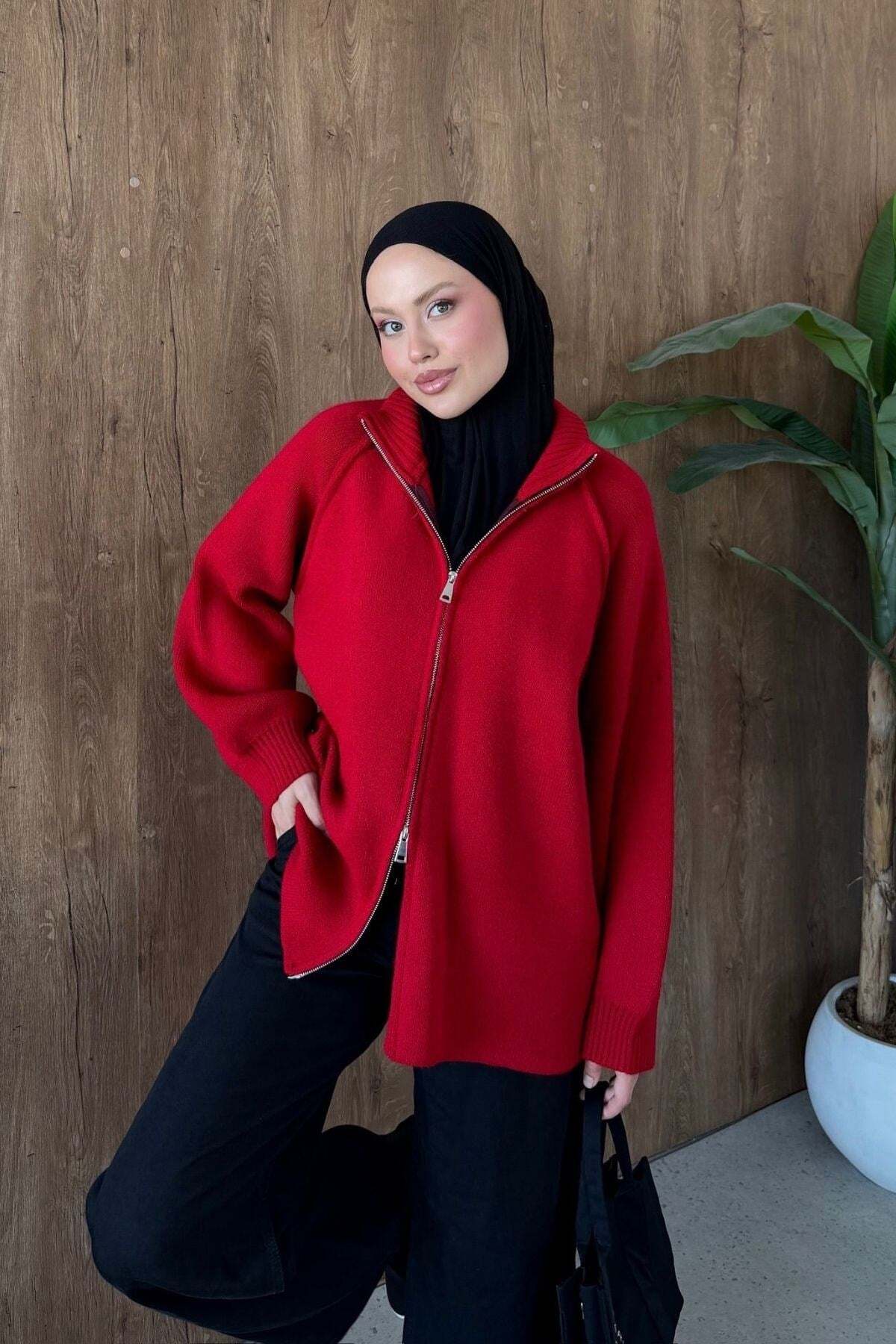 Hazamoda Roma Fermuarlı Hırka Kırmızı görsel 3