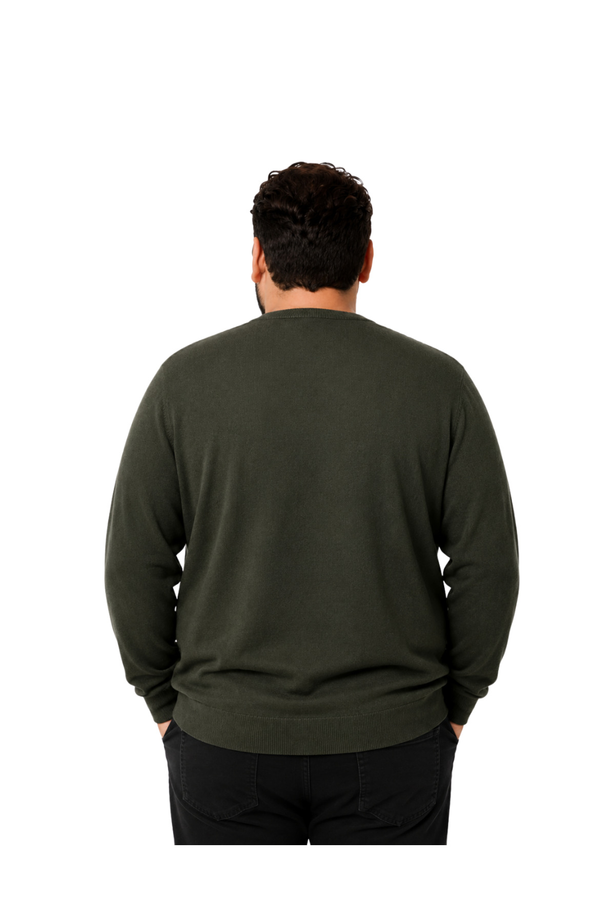 BattalModa Erkek Büyük Beden Haki V Yaka Pamuklu Kazak 3XL-4XL-5XL-6XL görsel 3