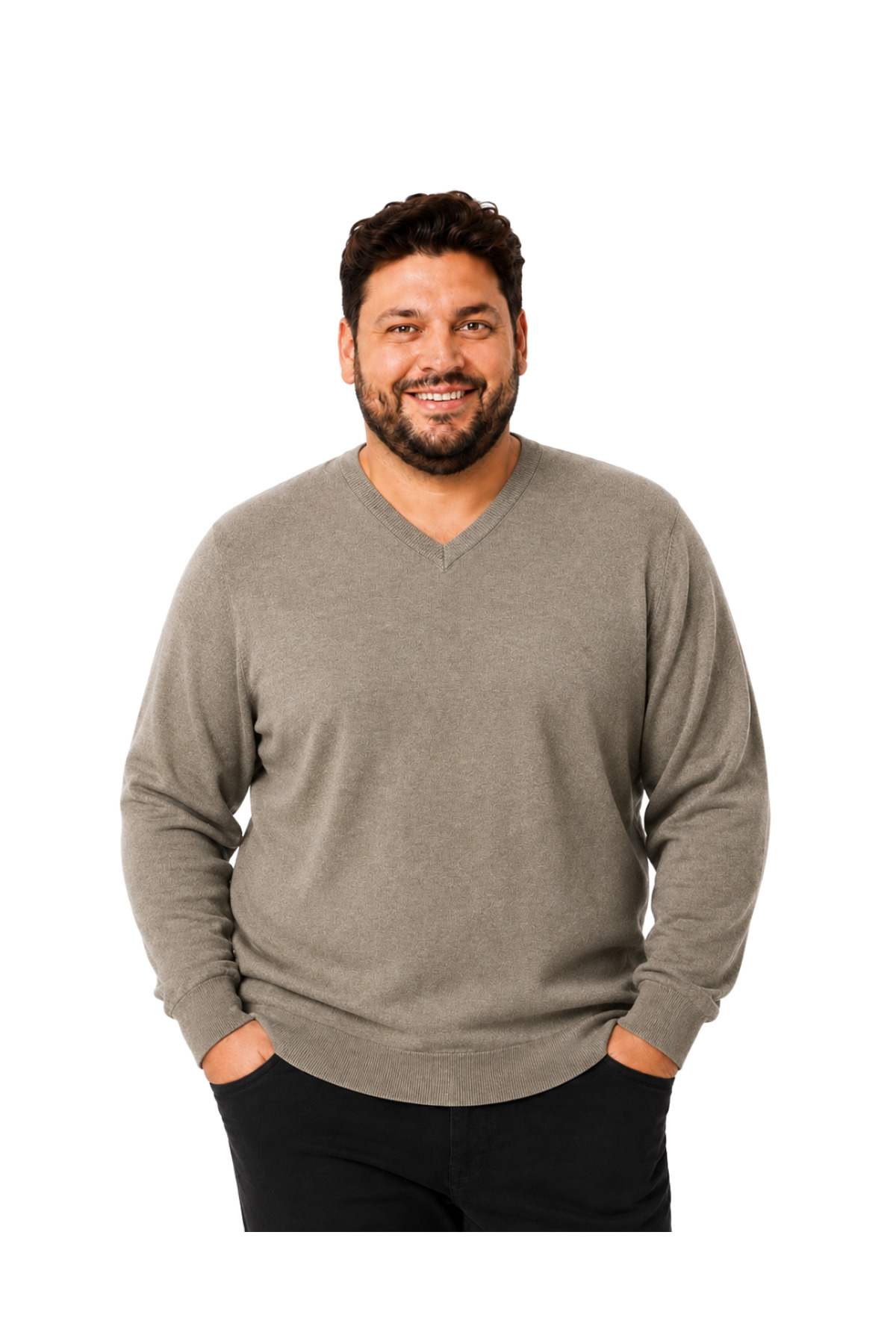 BattalModa Erkek Büyük Beden Vizon V Yaka Pamuklu Kazak 3XL-4XL-5XL-6XL