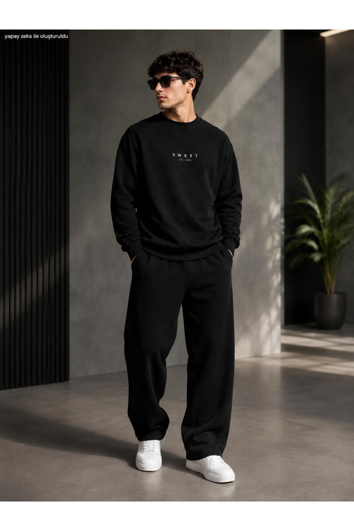 Erkek Sweet Minimal Tipografi Baskılı Bisiklet Yaka Regular Fit Erkek Eşofman Takımı /Düz Paça Alt — مشکی CKTK04091