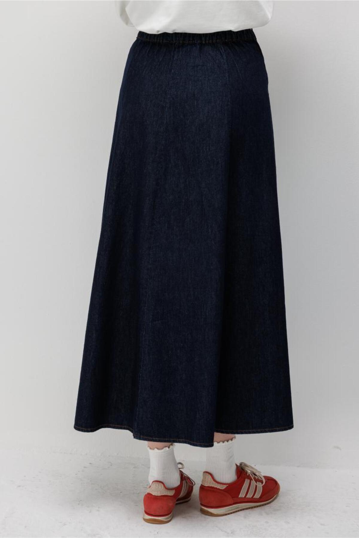 Mizalle Beli Lastikli Volan Kesim Lacivert Denim Etek görsel 5