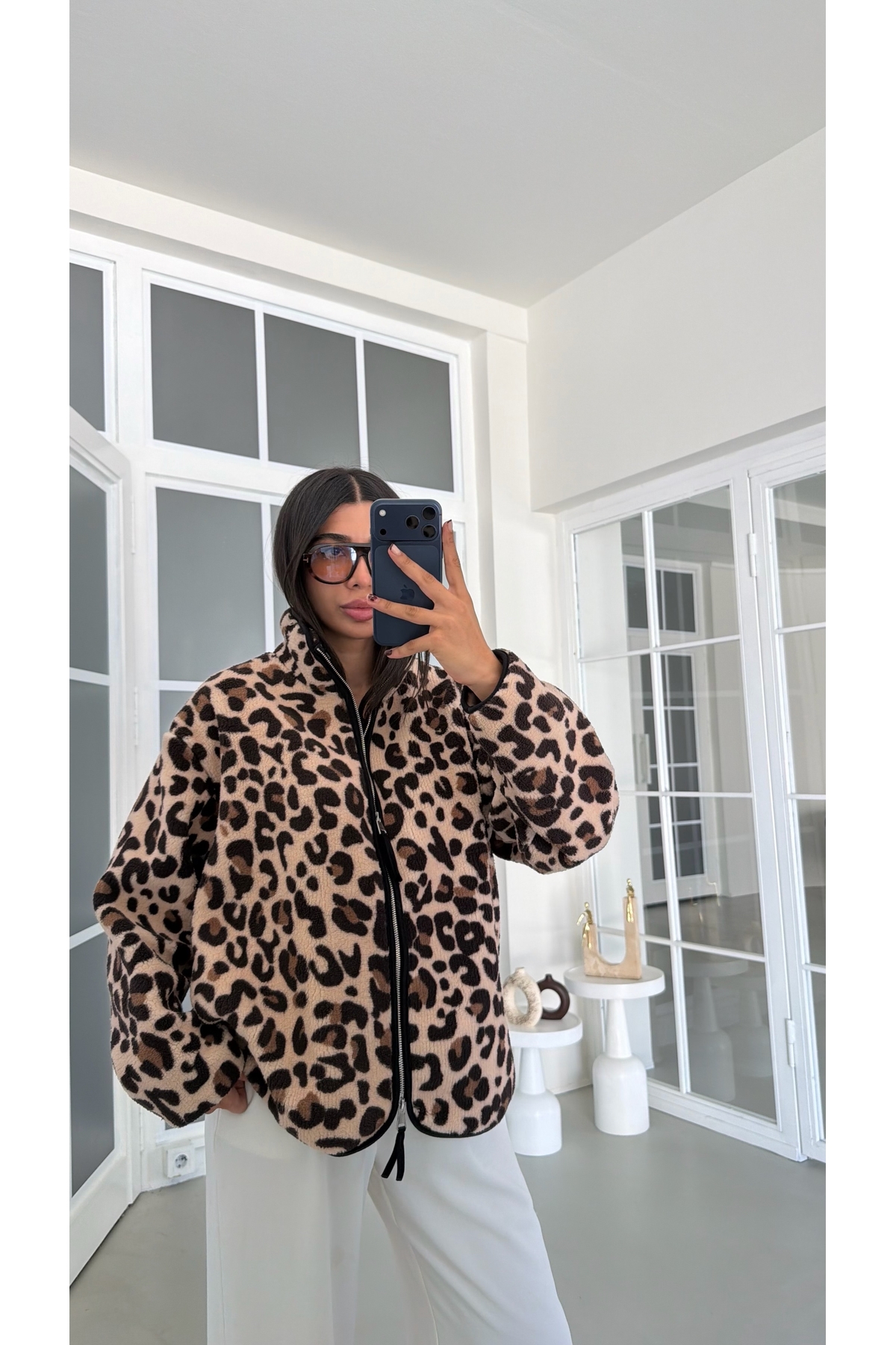GAUS CO Leopar Desenli Fermuarlı Polar Sweatshirt GAUS-01916 GAUS-01990