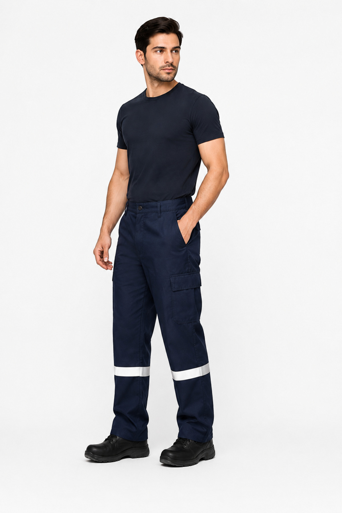 Unisex Lacivert Reflektör Şeritli Çok Cepli Kargo İş Pantolonu Lacivert