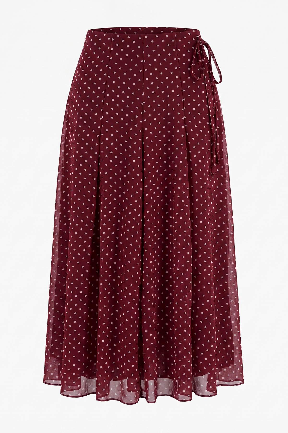 Trendyolmilla Bordo Puantiye Desenli Bağlama Detaylı A-Kesim/Çan Form Astarlı Tül Midi Örme Etek TWOAW27ET00074
