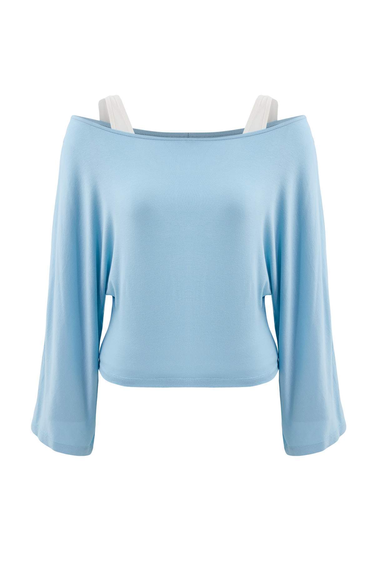 Açık Mavi 2'li Transparan Belden Oturtmalı Fitted Çift Katmanlı Örme Bluz TWOAW27BZ00126