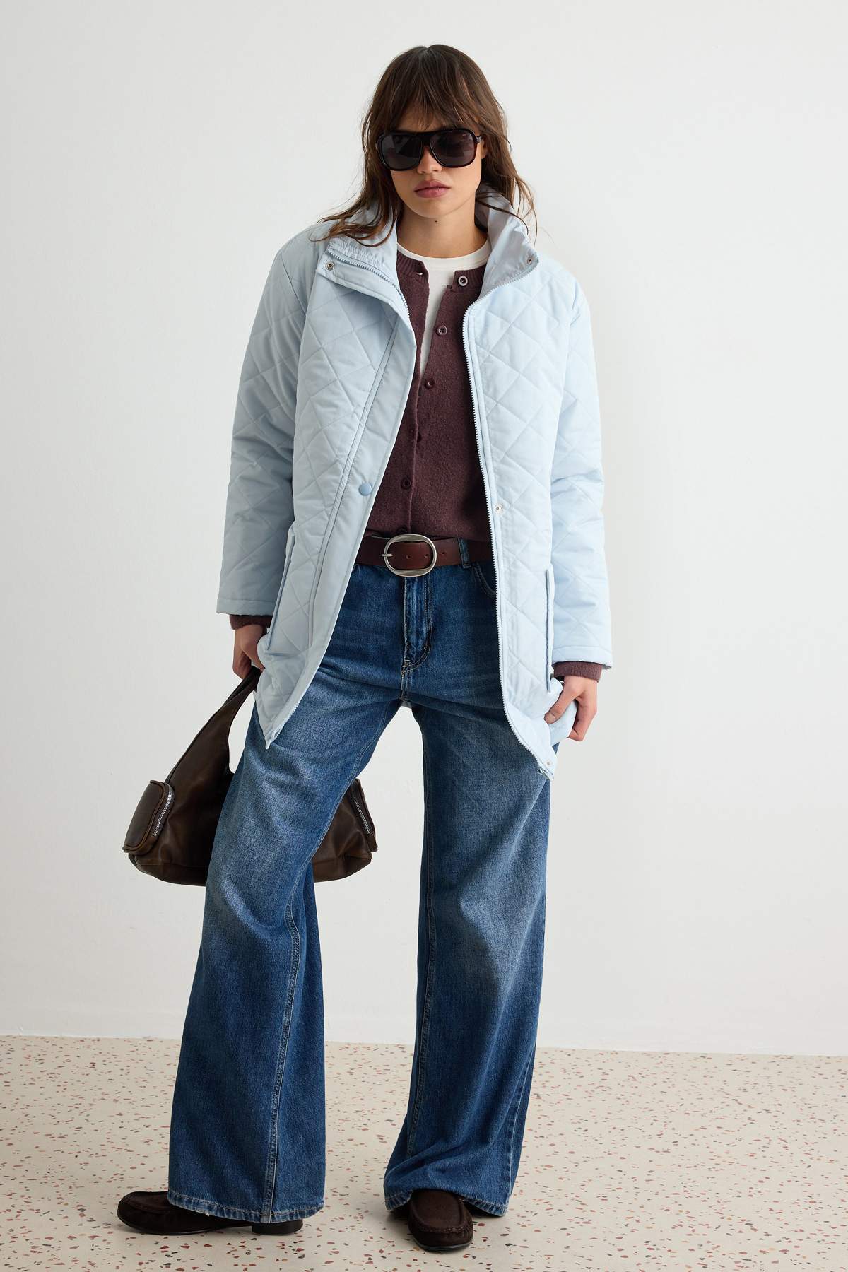 Trendyolmilla Mavi Oversize Kemerli Su İtici Kapitone Mont TWOAW23MO00170