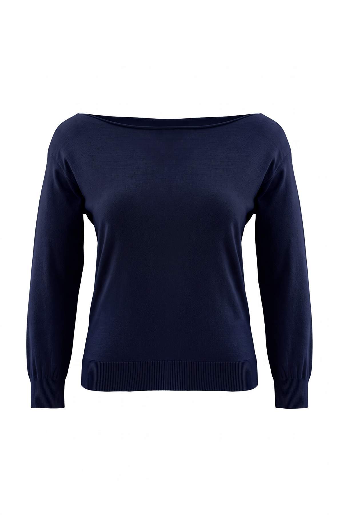 Trendyolmilla Curve Wardrobe Essentials Lacivert Premium İplik/Özel İplik Kayık Yaka Triko Kazak TBBAW27AN00074