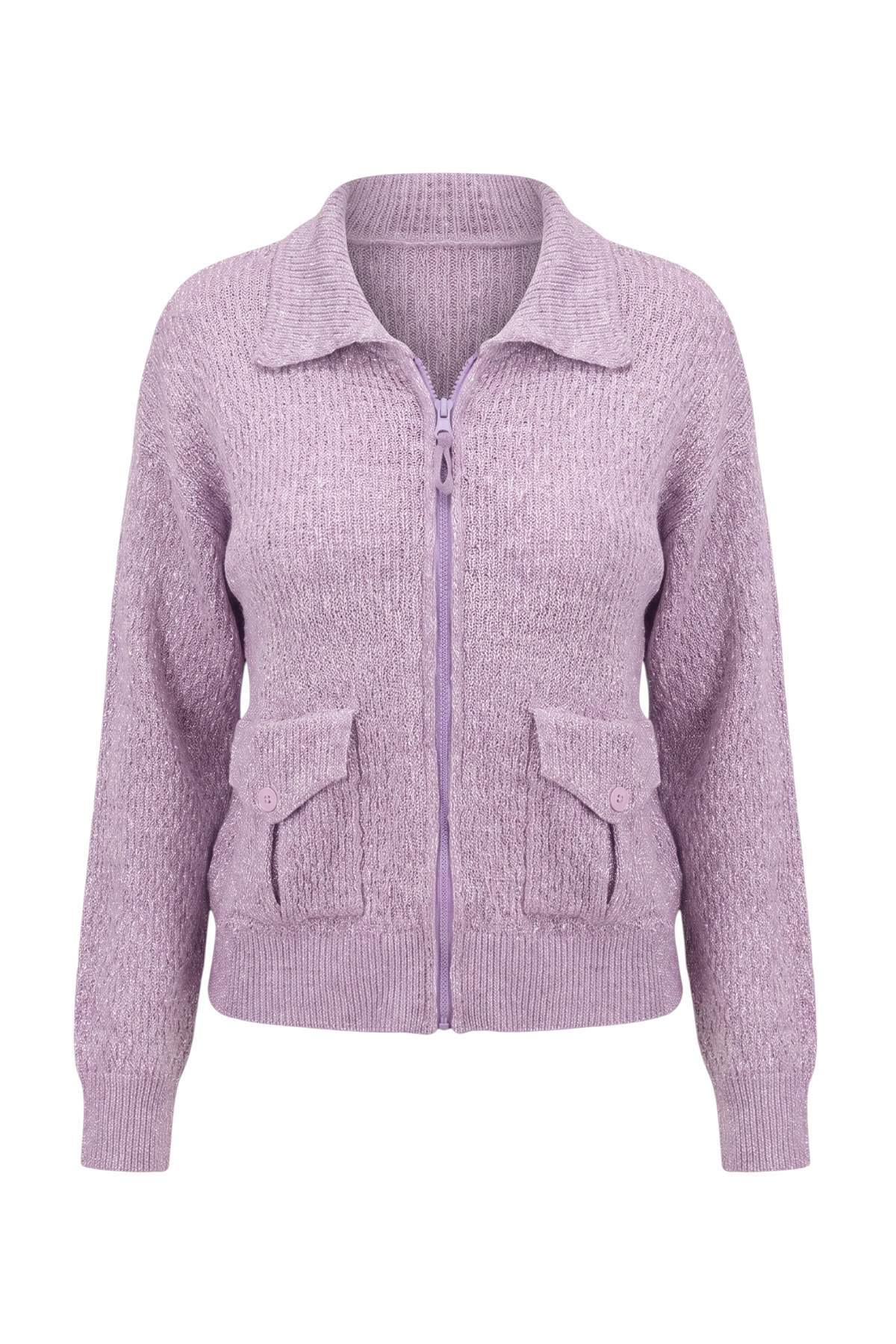 Trendyolmilla Lila Polo Yaka Kalın Oversize Fermuarlı Triko Hırka TWOAW27HI00129