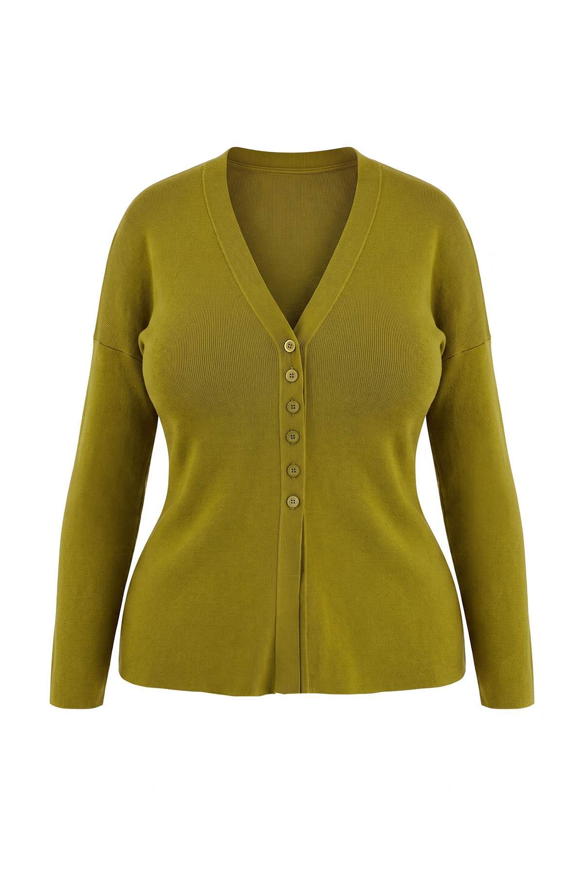 Trendyolmilla Curve Yağ Yeşili V Yaka Merserize Görünümlü Premium İplik/Özel İplik Triko Hırka TBBAW26AV00036
