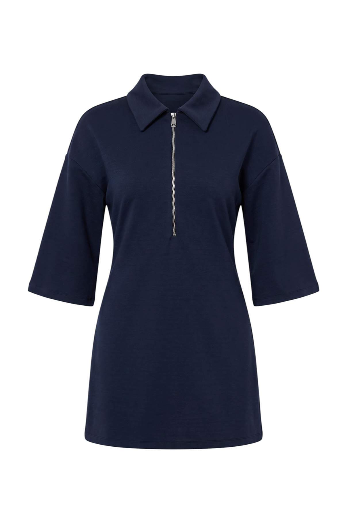 Trendyolmilla Lacivert Studio Collection A-line/Çan Form Polo yaka Fermuarlı Midi Örme Elbise TWOAW27EL00220