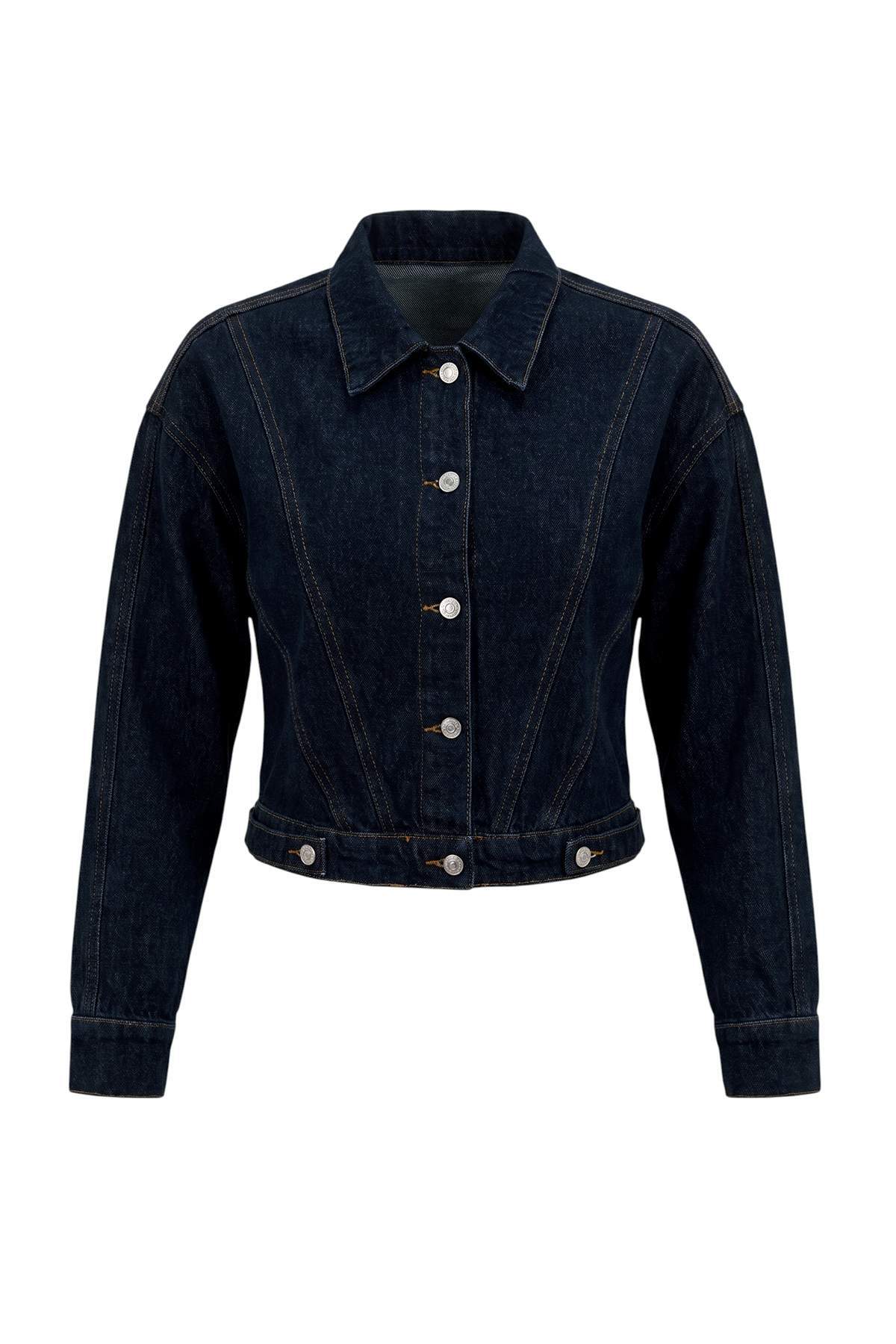 Trendyolmilla Koyu Mavi Dikiş Detaylı Trucker Denim Ceket TWOAW27CE00043