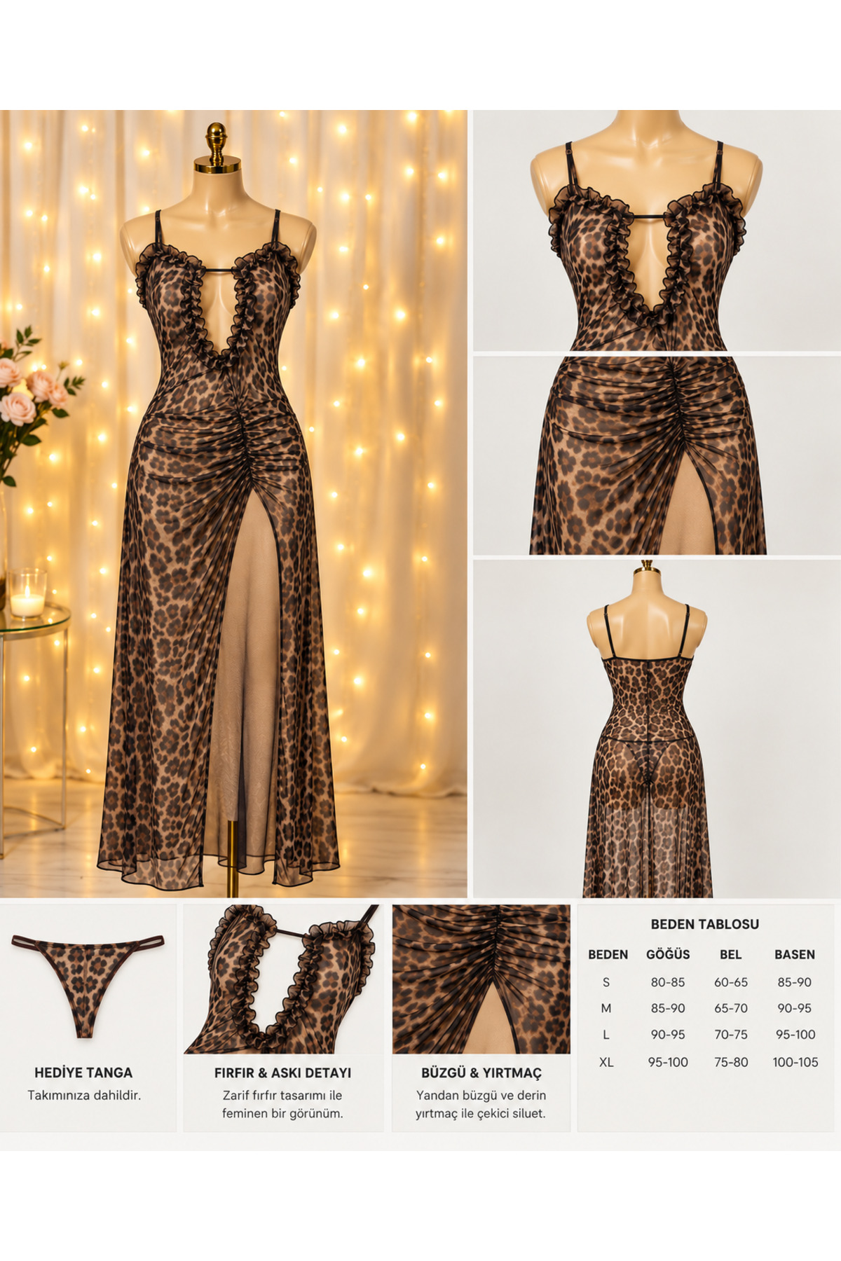 Best Dream Leopar Derin Yırtmaç Detaylı Tangalı Gecelik görsel 3
